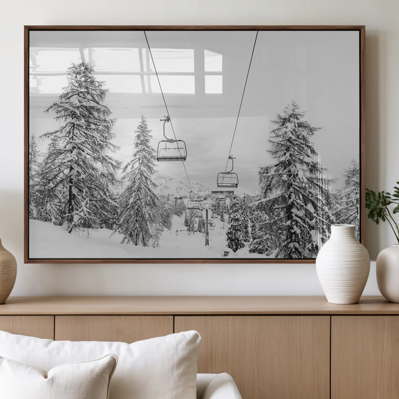 55003599-MGV-FP-36X24-3P_Walnut-Snowy Ski Lift Wall Art – Framed Winter Forest Canvas Artwork, Peaceful Mountain Design, Modern Nature Decor for Home, Office