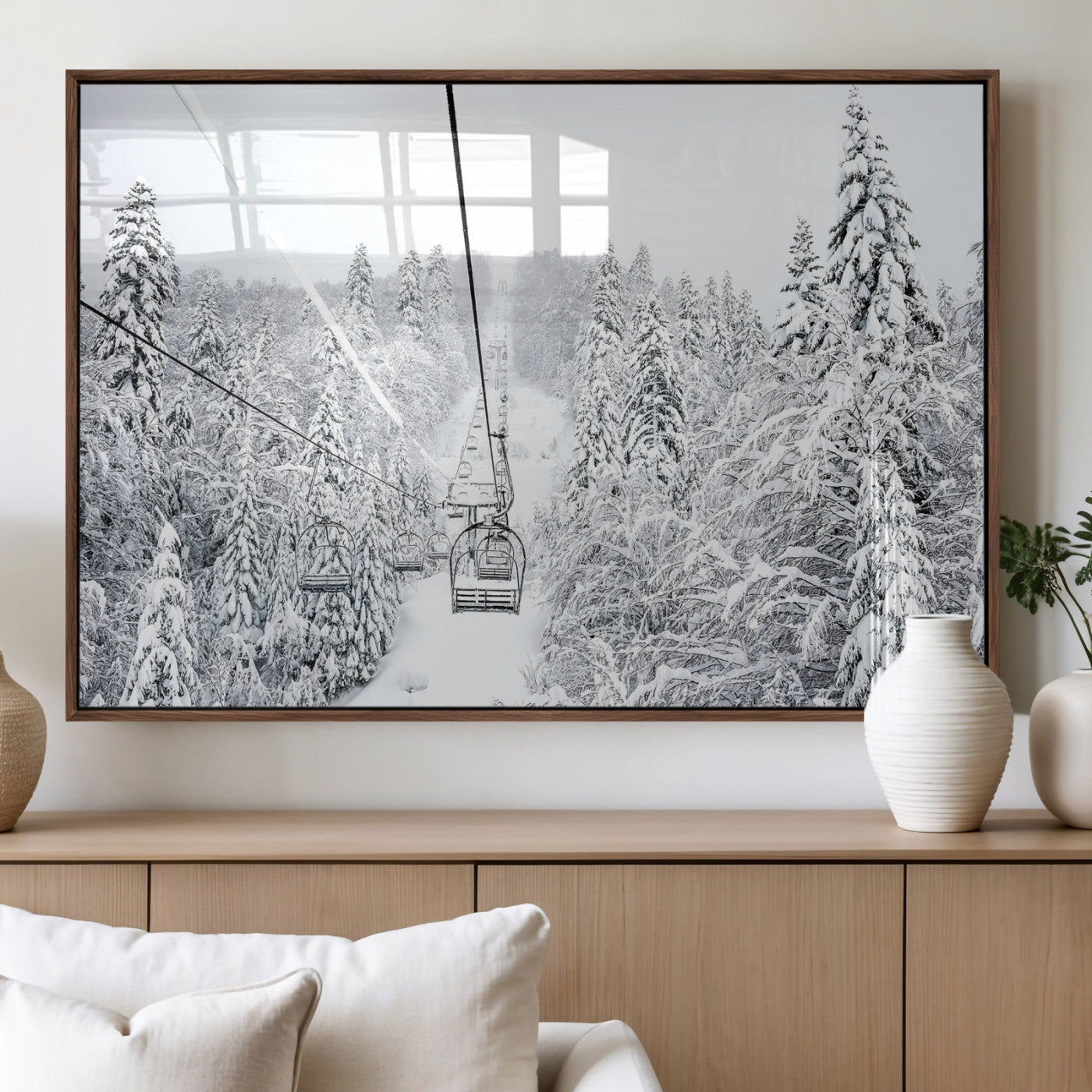 60296839-MGV-FP-36X24-3P_Walnut-Snowy Mountains Wall Art Canvas Print – Framed Ski Lift Winter Forest Alpine Landscape Nature Artwork for Home Office