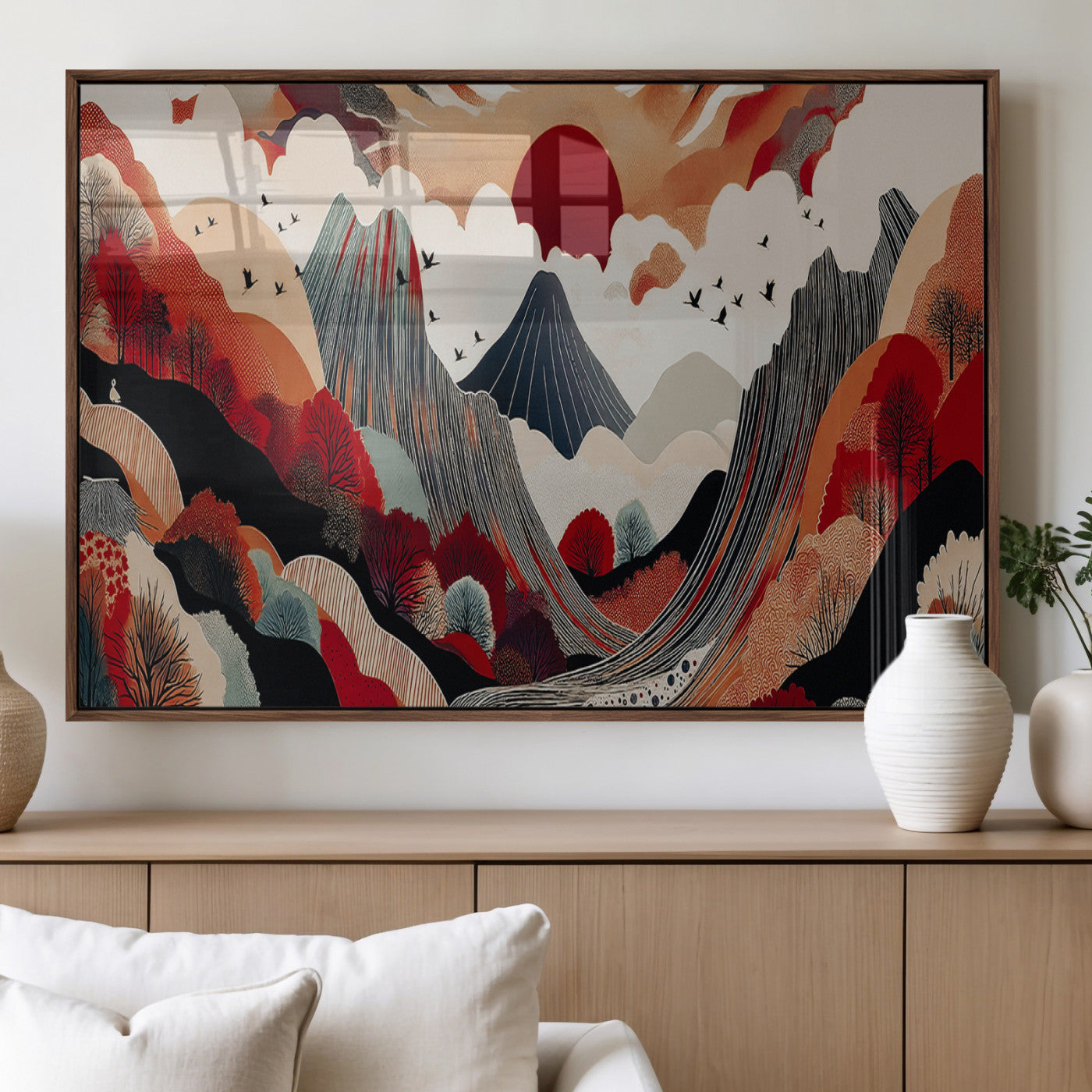 49034575-MGV-FP-36X24-3P_Walnut-Abstract Mountain Wall Art Canvas Print – Vibrant Stylized Landscape Colorful Peaks Nature Artwork for Home Office