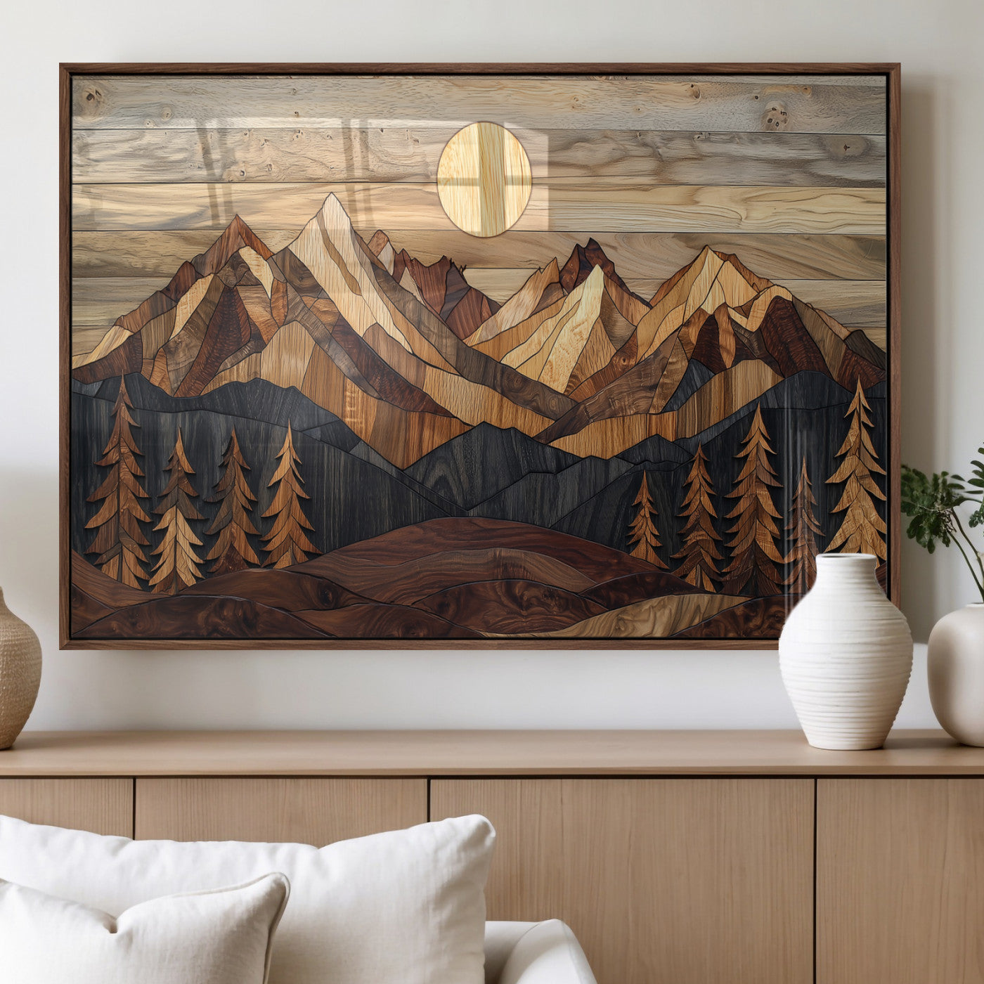 39116082-MGV-FP-36X24-3P_Walnut-Wood Mountain Landscape Wall Art Canvas Print – Framed Sunset Hills Nature Artwork, Abstract Boho Decor for Home, Office