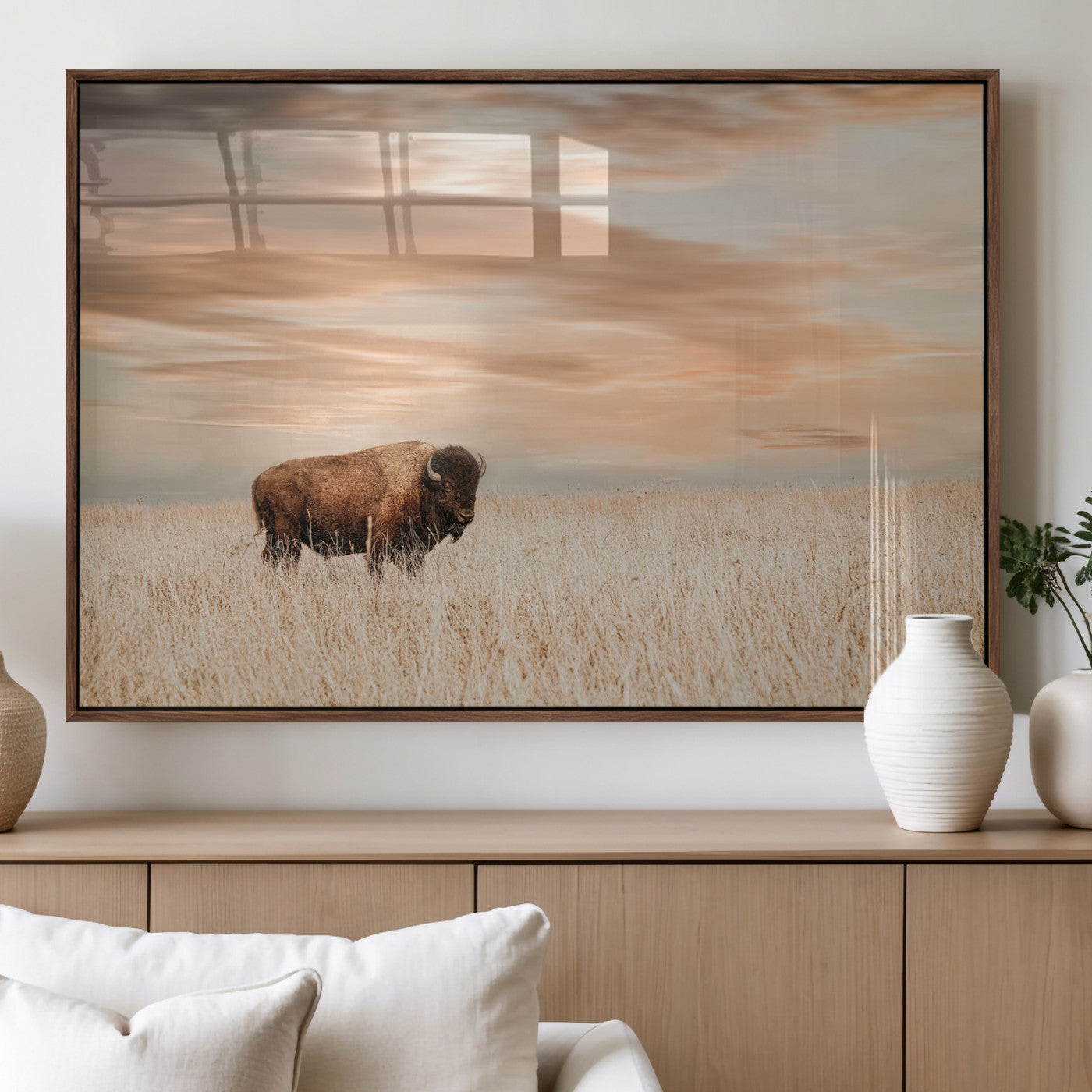 87282289-MGV-FP-36X24-3P_Walnut-Bison Wall Art Canvas Print – Framed Buffalo Artwork, Western Prairie Scene Perfect Rustic Decor for Home, Office