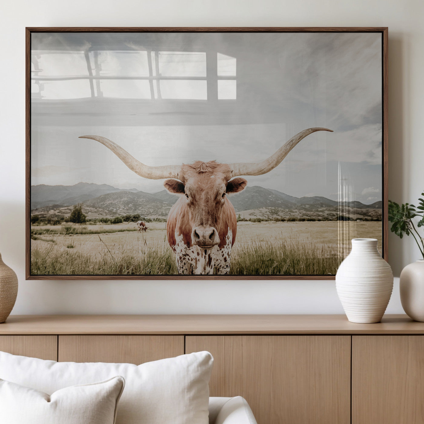 80054319-MGV-FP-36X24-3P_Walnut-Texas Longhorn Wall Art Canvas Print – Framed Western Cow Scene with Rustic Farmhouse Artwork for Home, Office