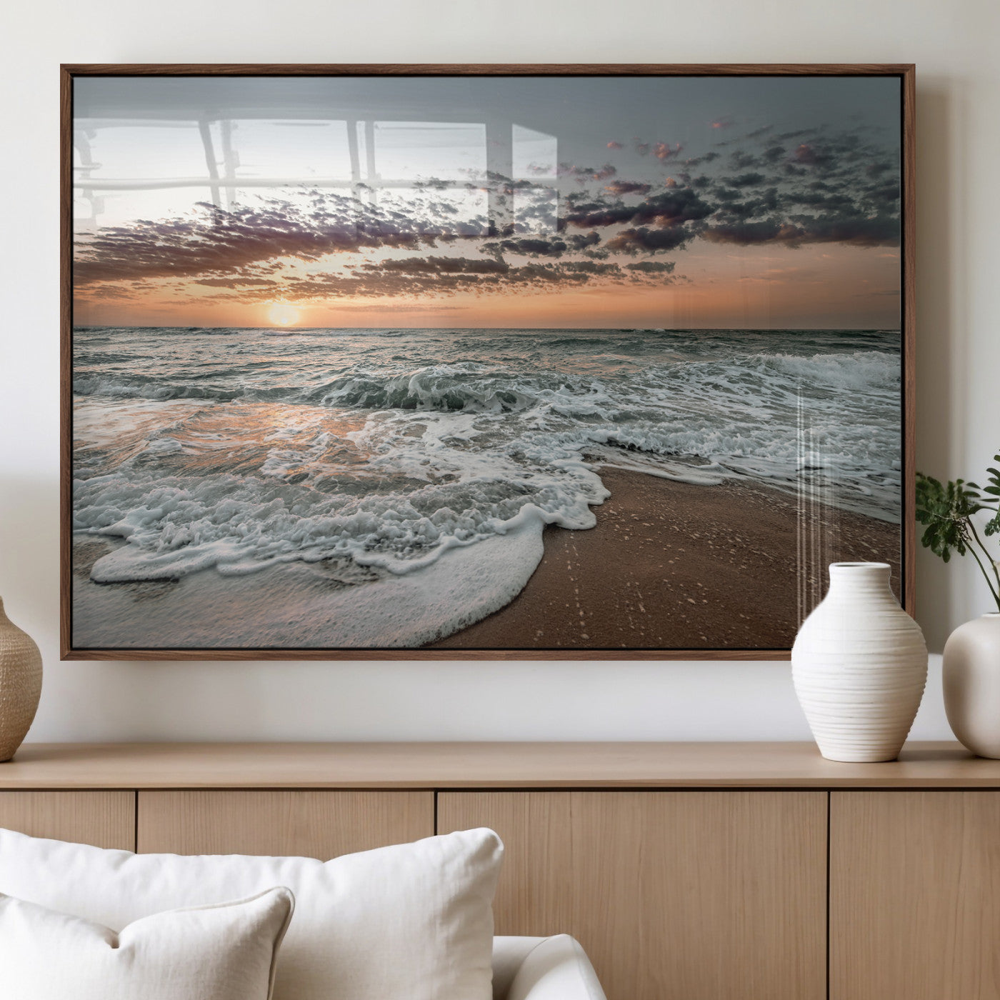 40632752-MGV-FP-36X24-3P_Walnut-Ocean Sunset Wall Art Canvas Print – Framed Beach Waves Scene with Coastal Artwork for Home, Office, Living Room