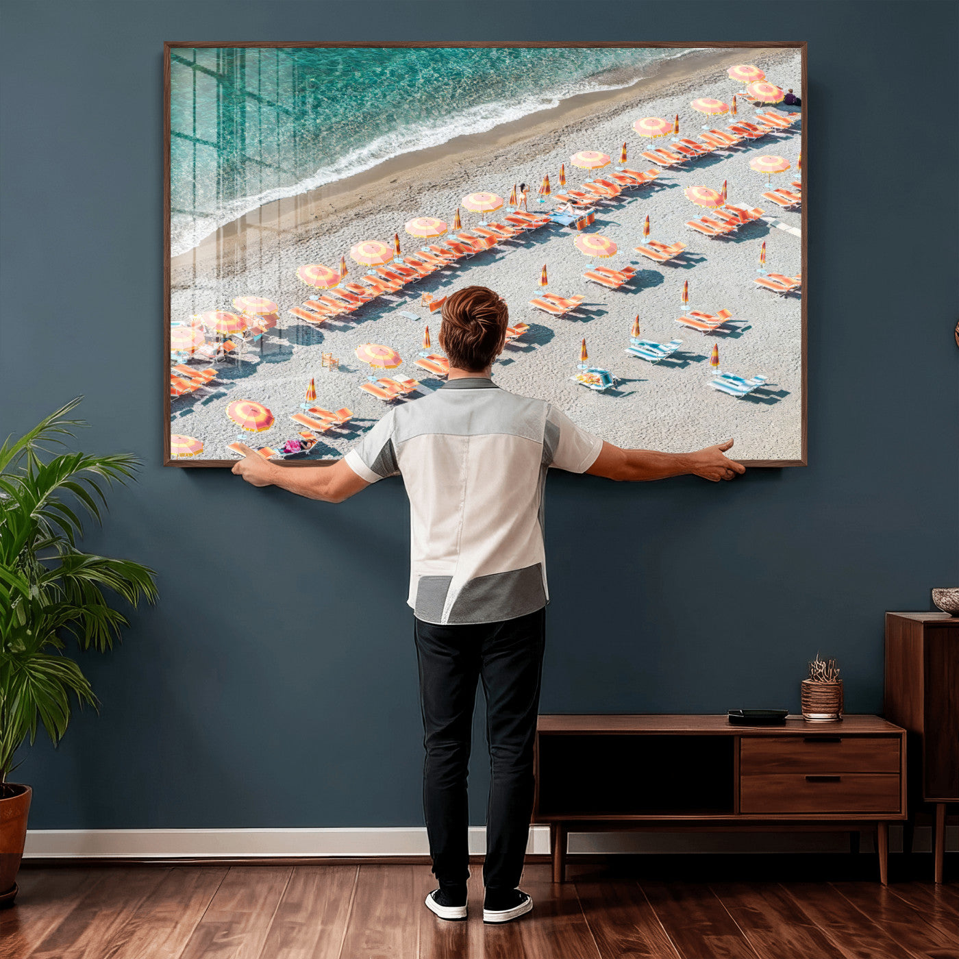 27805351-MGV-CV-36X24 - Beach Umbrellas Wall Art – Orange Loungers & Turquoise Water Canvas Print, Sandy Shore and Summer Vibes