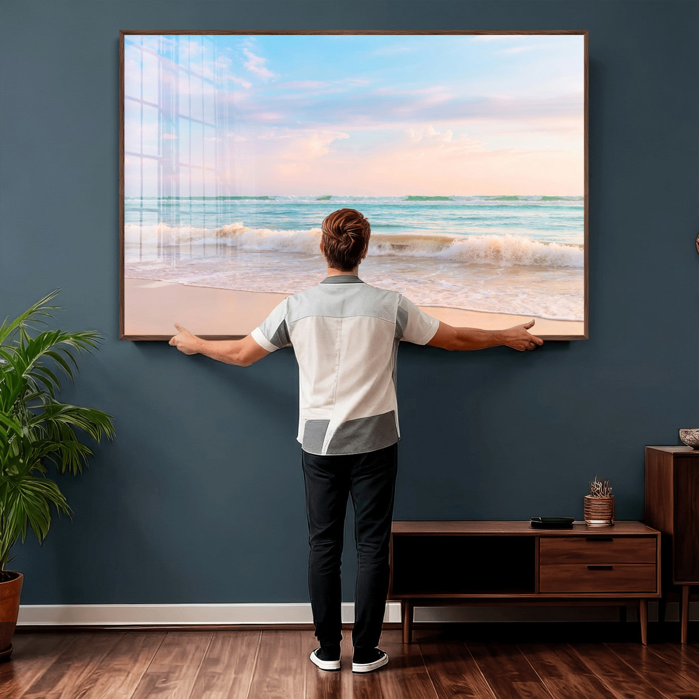 74679437-MGV-CV-36X24 - Serene Waves Wall Art – Golden Shore & Soft Pastel Sky Canvas Print, Gentle Ocean and Peaceful Sunset for Living Room or Office