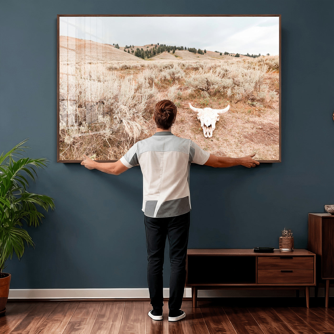97234735-MGV-CV-36X24 - Desert Skull Wall Art – Arid Landscape & Sagebrush Canvas Print, Rustic Nature and Earth Tones for Living Room or Minimalist Decor