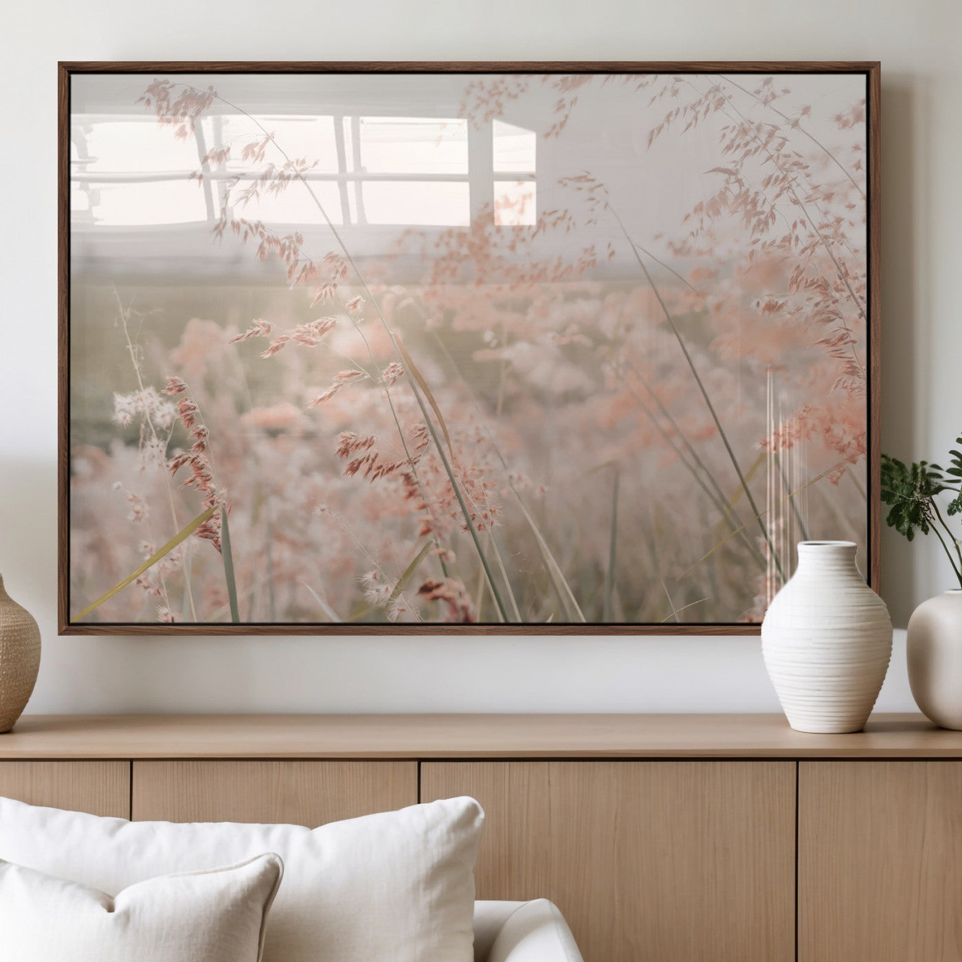 79164340-MGV-FP-36X24-3P_Walnut-Pastel Grasses Wall Art Canvas Print, Framed Soft Meadow Art Picture Print, Field in Breeze Perfect Soft Pastel Minimal Decor Artwork