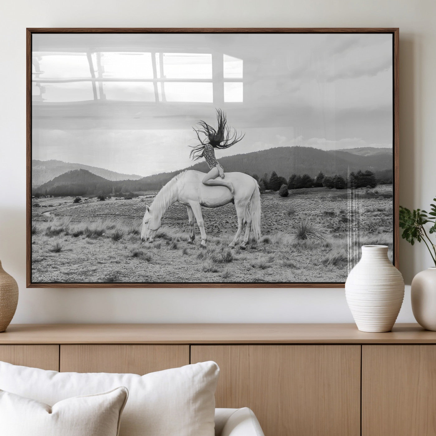 62789800-MGV-FP-36X24-3P_Walnut-White Horse Wall Art Canvas Print – Framed Woman Rider Equestrian Pose Western Boho Elegant Artwork for Home Office