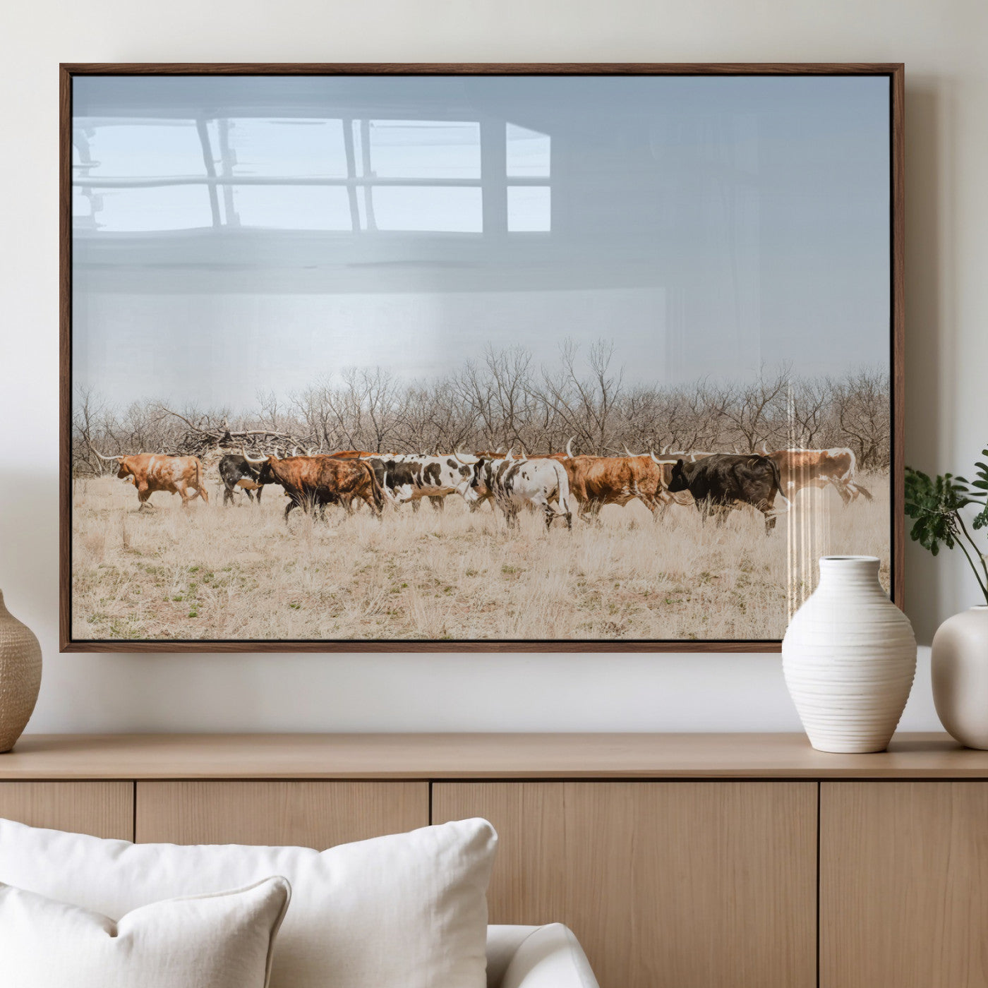 16563092-MGV-FP-36X24-3P_Walnut-Texas Longhorns Wall Art Canvas Print – Framed Western Cattle Rustic Herd Farmhouse Country Animal Artwork for Home Office