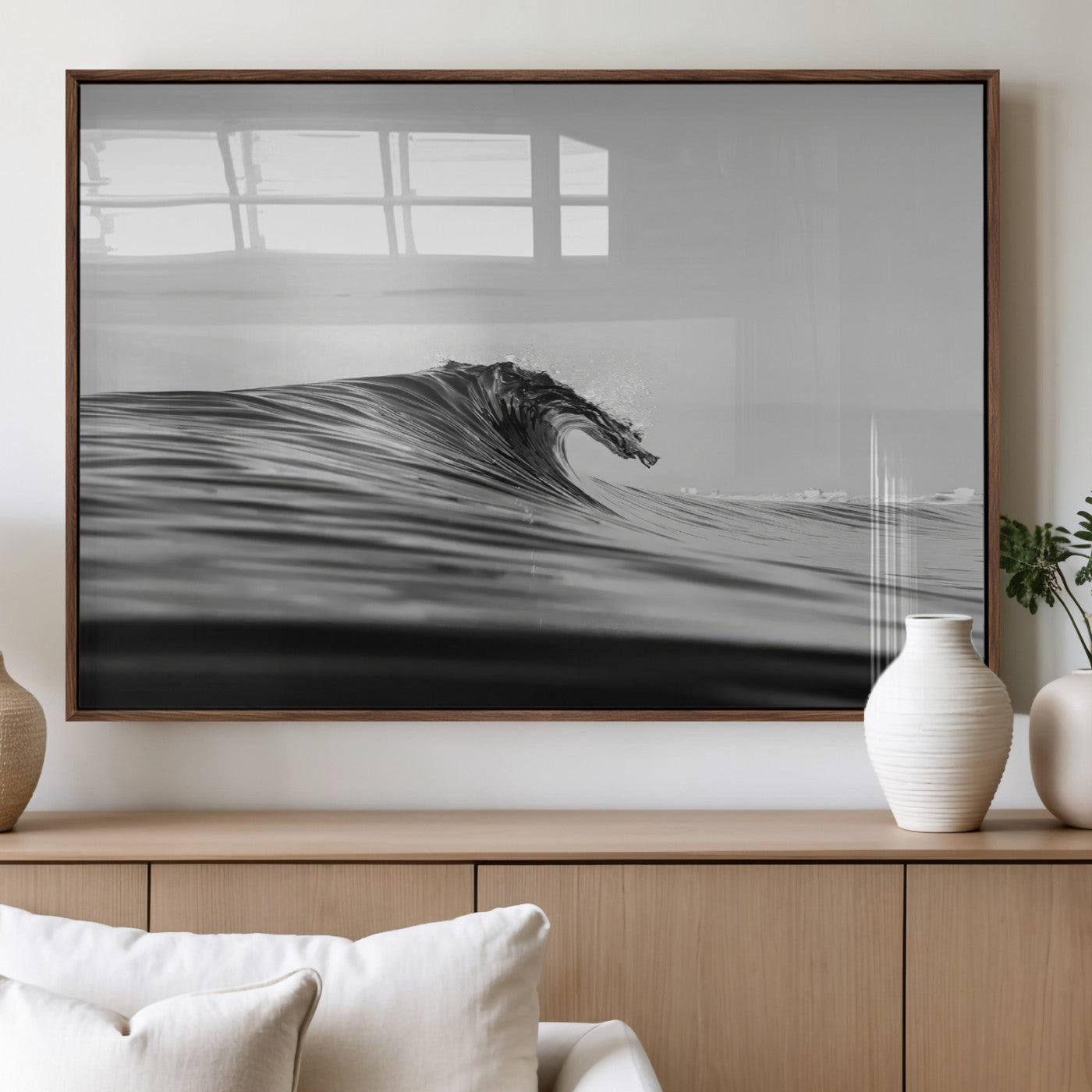 24029476-MGV-FP-36X24-3P_Walnut-Black Wave Wall Art Canvas Print, Framed Abstract Surf Art Picture Print, Minimalist Ocean Perfect Minimalist Coastal Decor Artwork