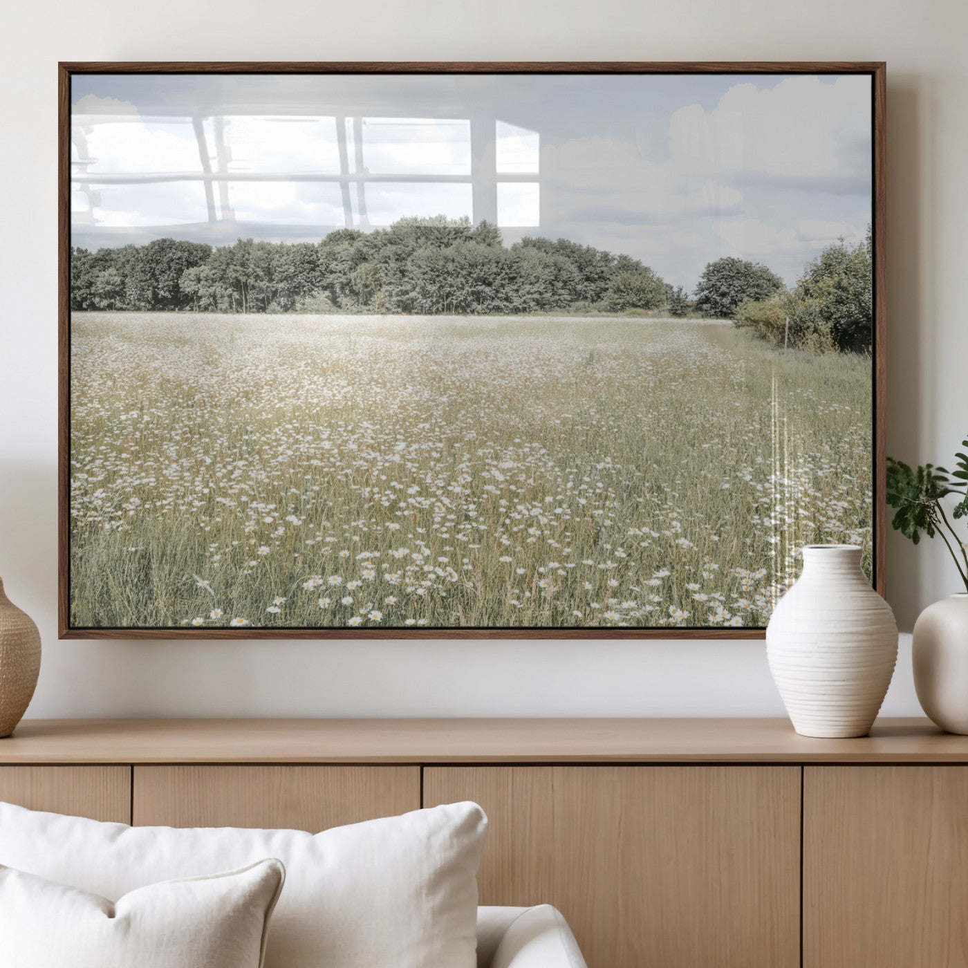 43258946-MGV-FP-36X24-3P_Walnut-Charming Daisy Field Wall Art Canvas Print – Framed Pastel Flower Meadow Bloom Scandinavian Minimal Artwork for Home Office