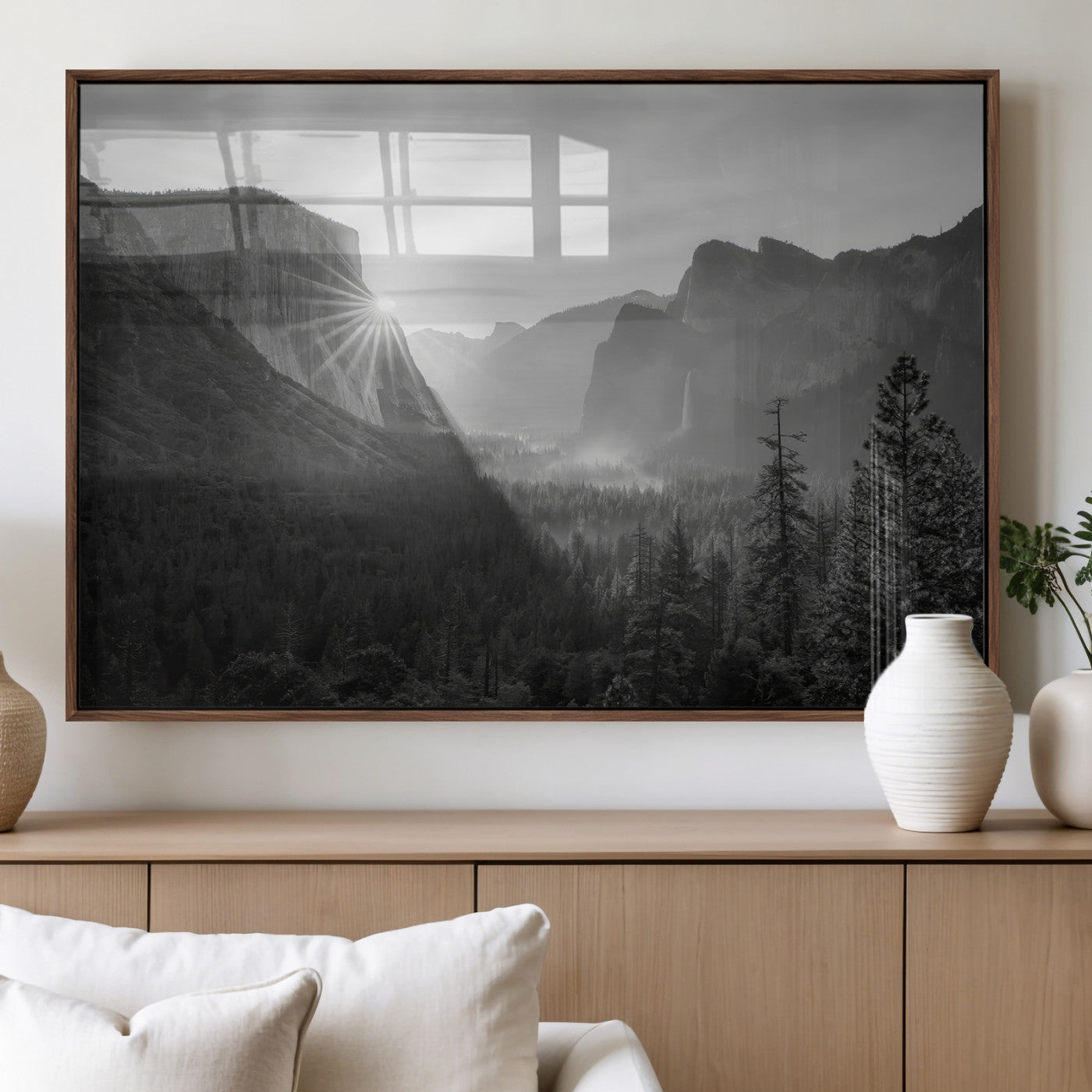 39278955-MGV-FP-36X24-3P_Walnut-Yosemite Valley Wall Art Canvas Print – Framed El Capitan Sunrise Misty Mountain Modern Rustic Artwork for Home Office