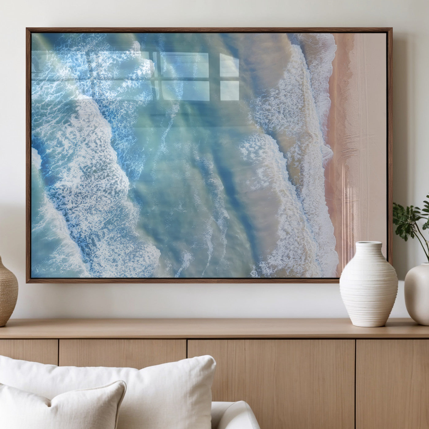 17641845-MGV-FP-36X24-3P_Walnut-Aerial Ocean View Wall Art Canvas Print, Framed Soft Blue Waves Art Picture Print, Sandy Shoreline Perfect Modern Coastal Decor Artwork
