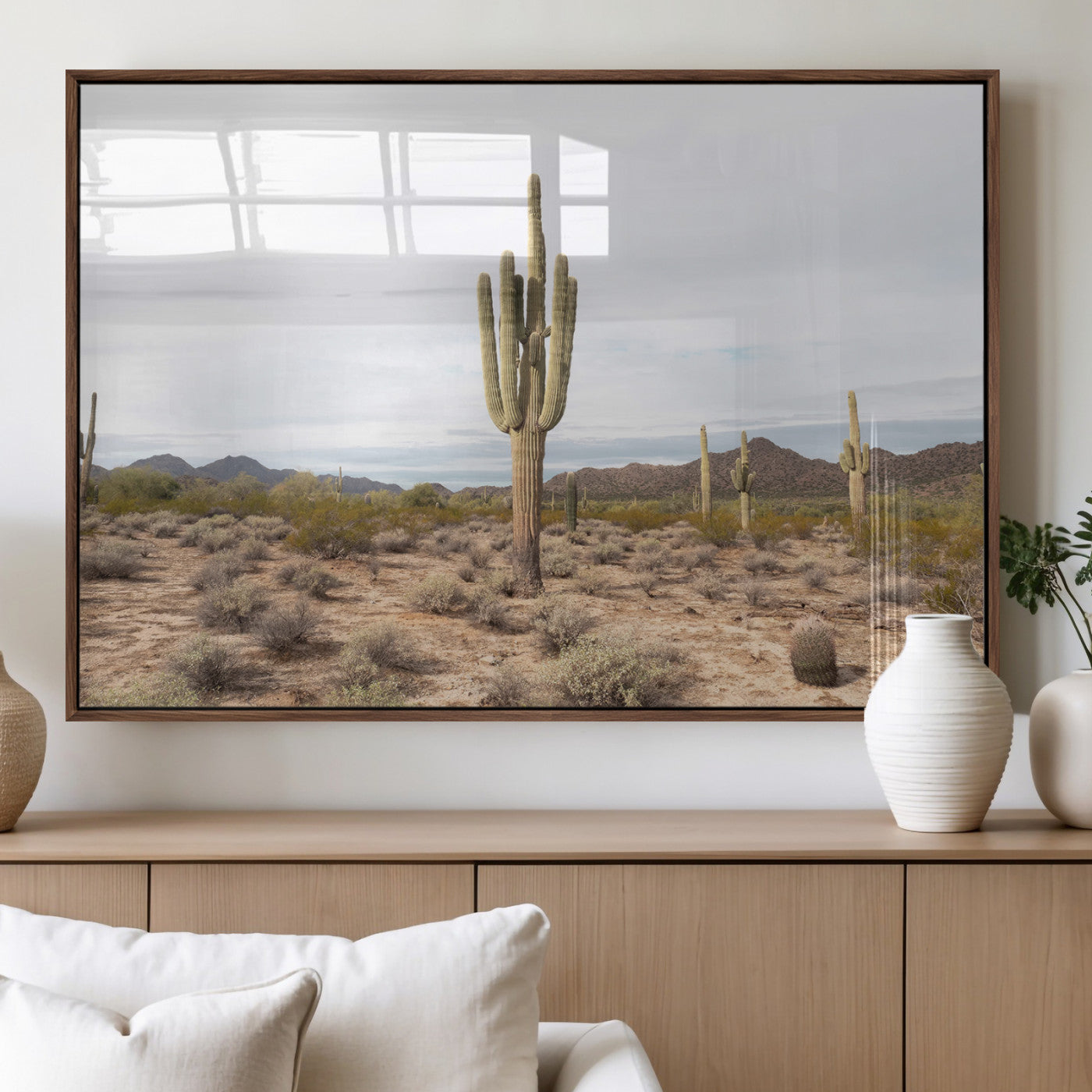MGV-FP-36X24-3P - Saguaro Cactus Wall Art Canvas Print, Framed Desert Cactus Art Picture Print, Earthy Desert Perfect Southwestern Boho Decor Artwork