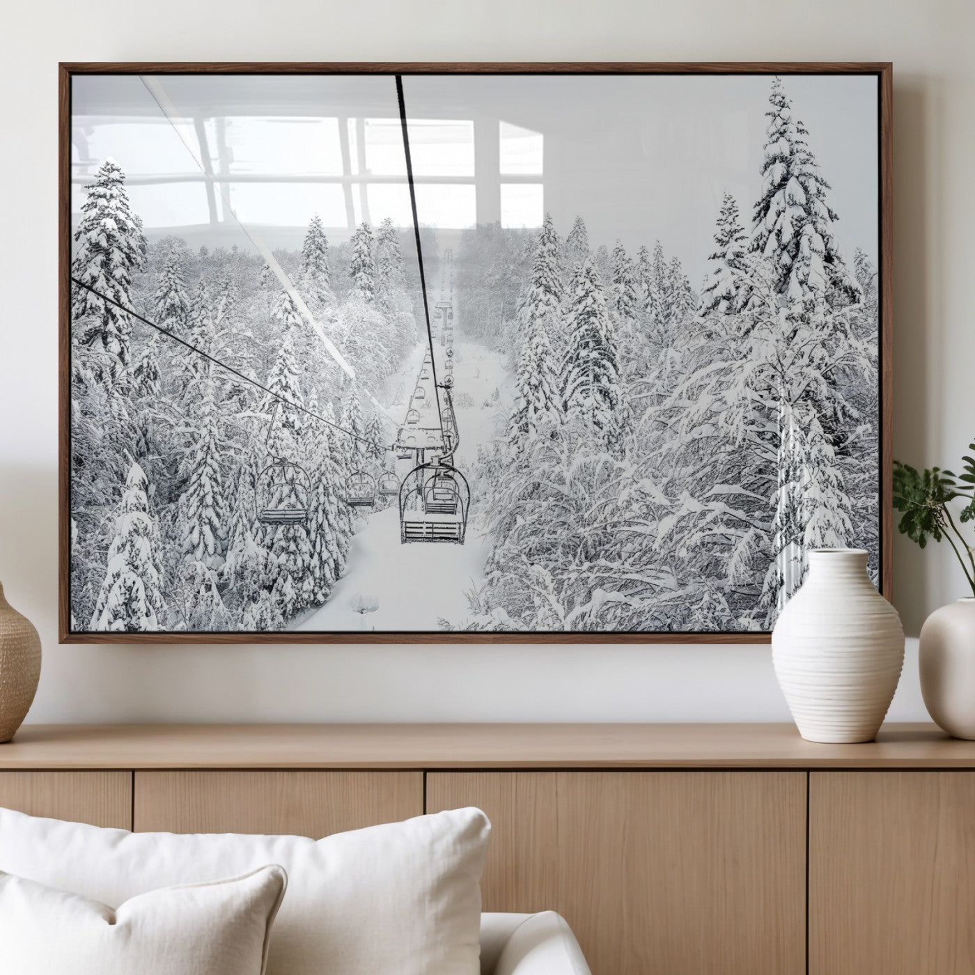 44705668-MGV-FP-36X24-3P_Walnut-Snowy Ski Lift Wall Art – Framed Winter Mountain Canvas Artwork, Serene Forest Design, Modern Nature Decor for Home, Office