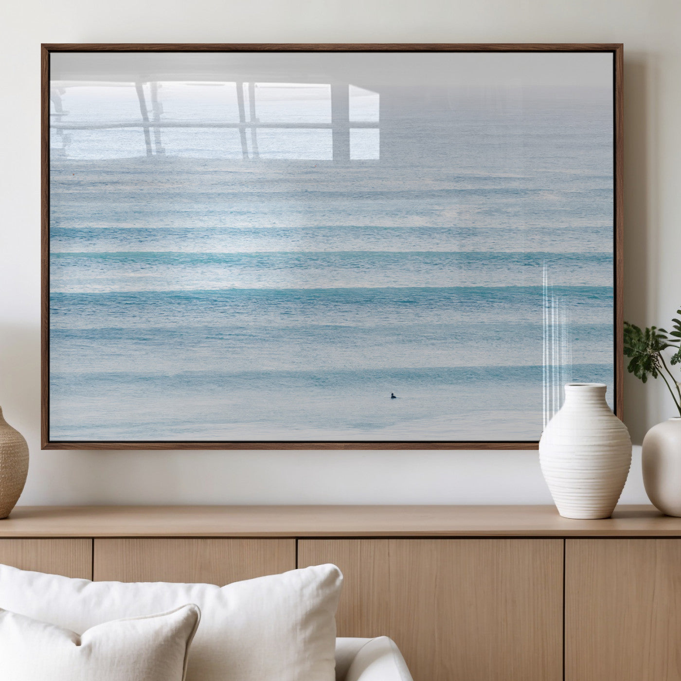 77145995-MGV-FP-36X24-3P_Walnut-Ocean Wave Surfer Wall Art – Framed Minimal Seascape Canvas Artwork, Calm Blue Water Design, Coastal Decor for Home, Office