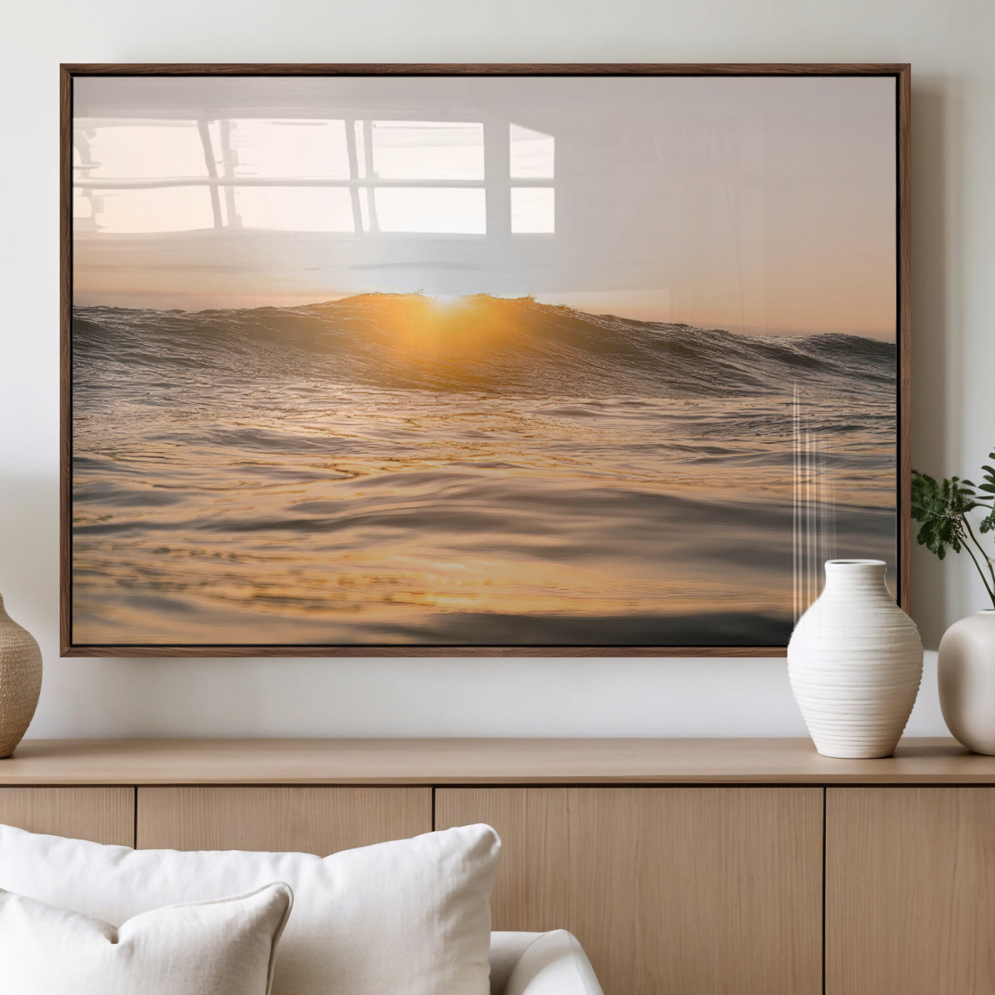 16973771-MGV-FP-36X24-3P_Walnut-Calm Water Wall Art – Framed Sunset Waves Canvas Artwork, Coastal Warm Design, Minimal Ocean Decor for Home, Office