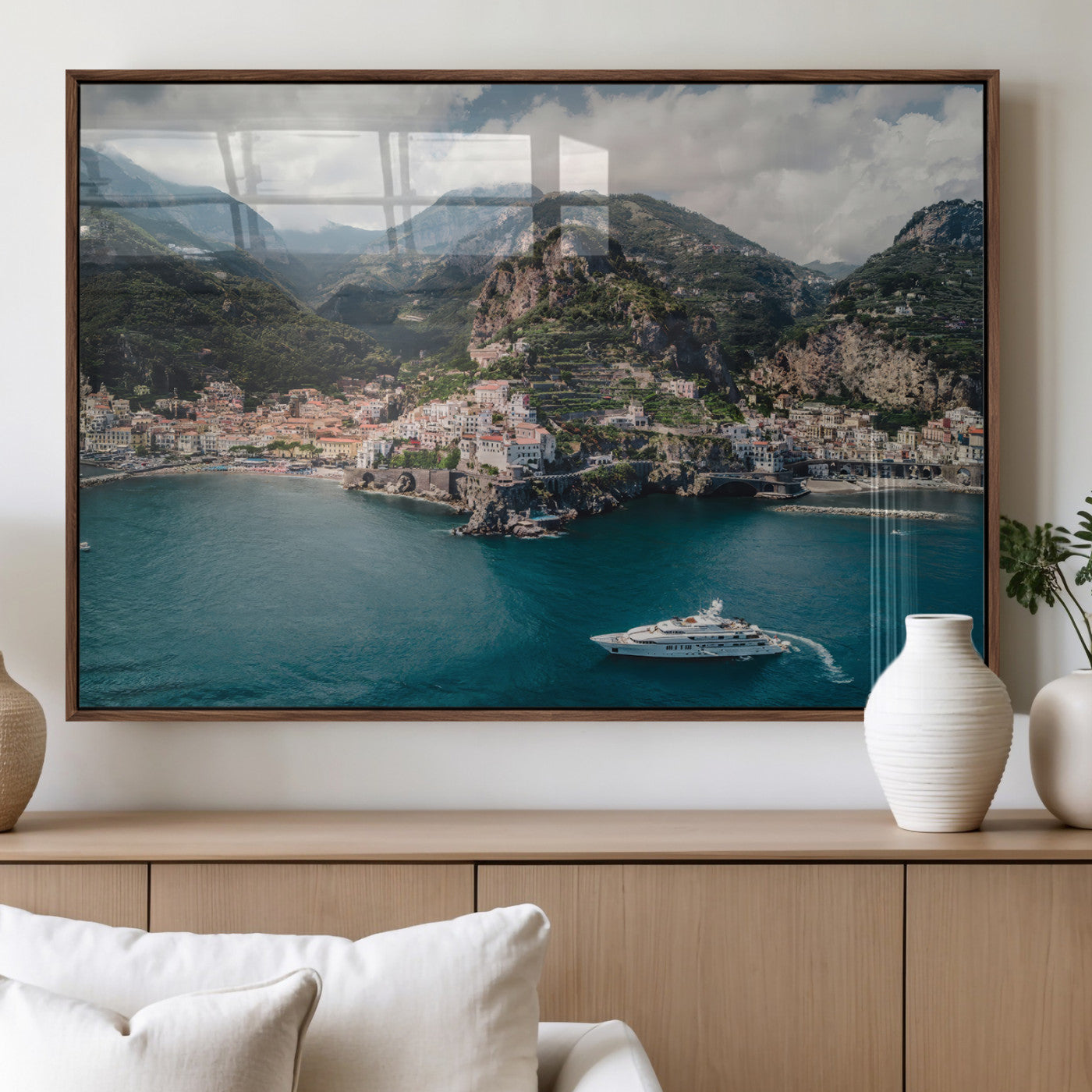 20321590-MGV-FP-36X24-3P_Walnut-Amalfi Coast Wall Art – Framed Italian Seaside Canvas Artwork, Mediterranean Landscape Design, Coastal Decor for Home, Office