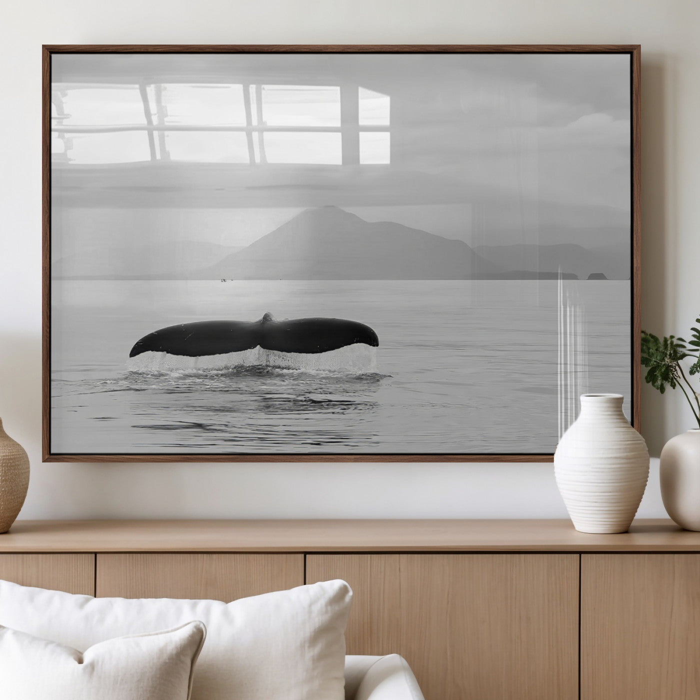 MGV-FP-36X24-3P - Whale Tail Wall Art Canvas Print, Framed Black White Ocean Art Picture Print, Calm Marine Perfect Minimalist Coastal Decor Artwork