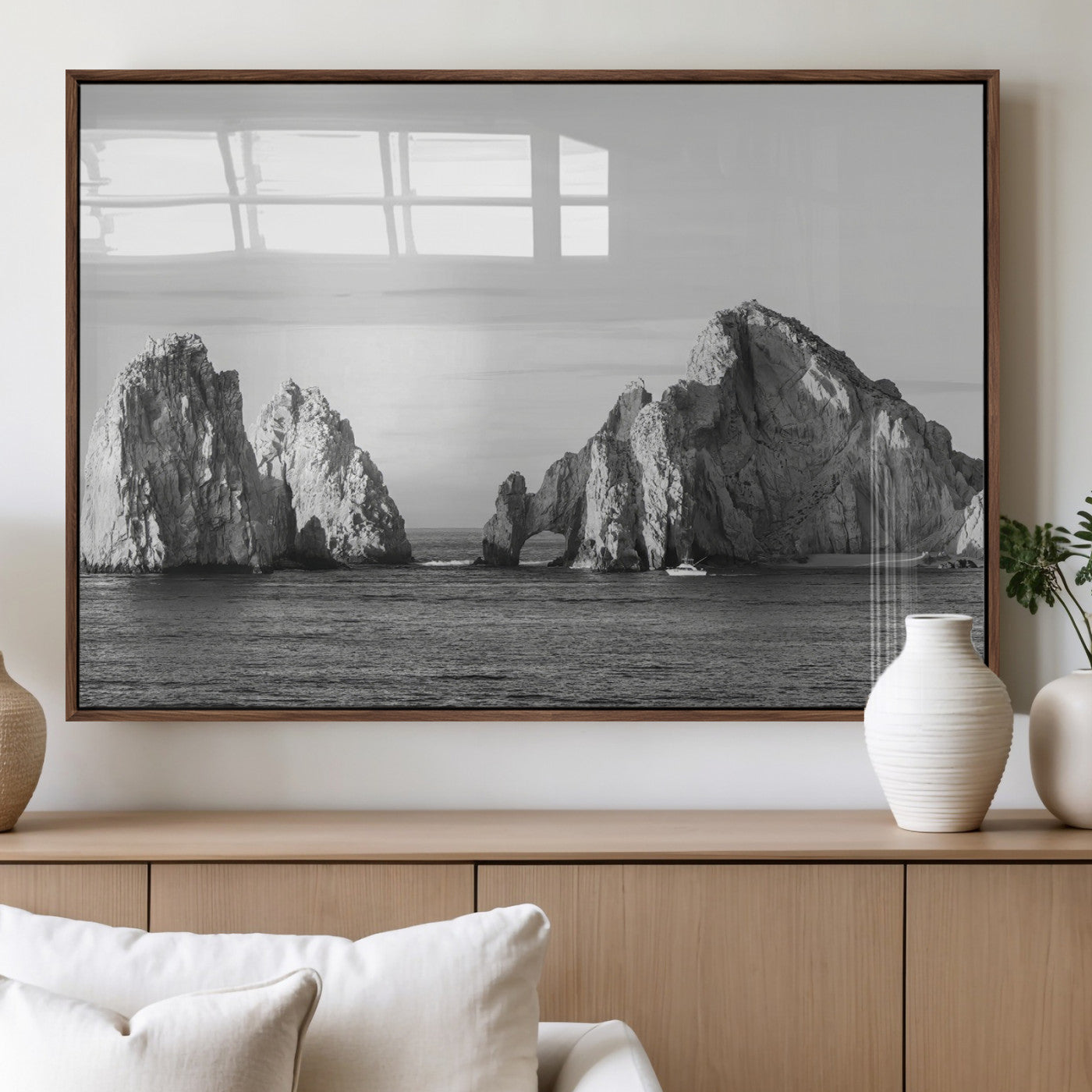 MGV-FP-36X24-3P - Rugged Coastline Wall Art Canvas Print, Framed Ocean Cliffs Art Picture Print, Monochrome Seascape Perfect Coastal Minimalist Decor Artwork
