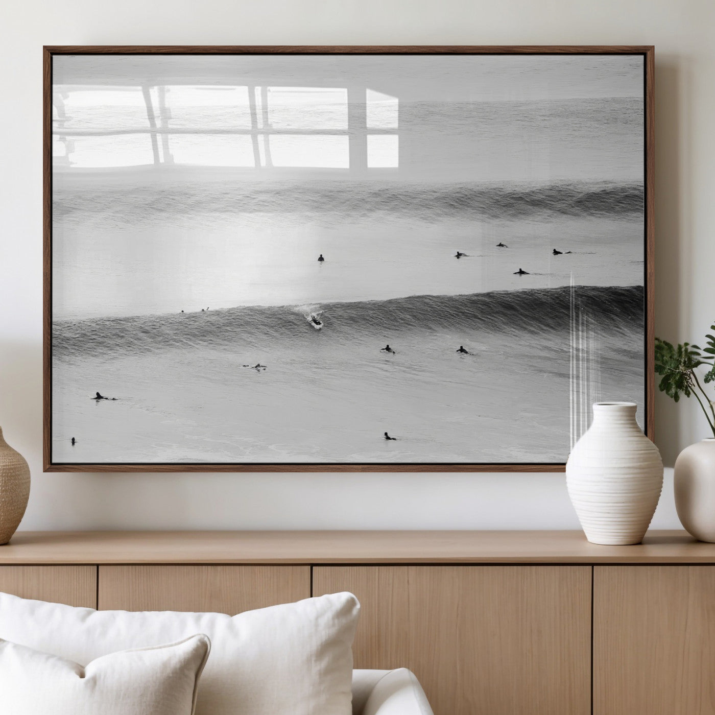 9085490954477-MGV-FP-36X24_Walnut-Black White Ocean Wall Art Canvas Print – Framed Coastal Sport Art Picture Ocean Culture Artwork for Home Office