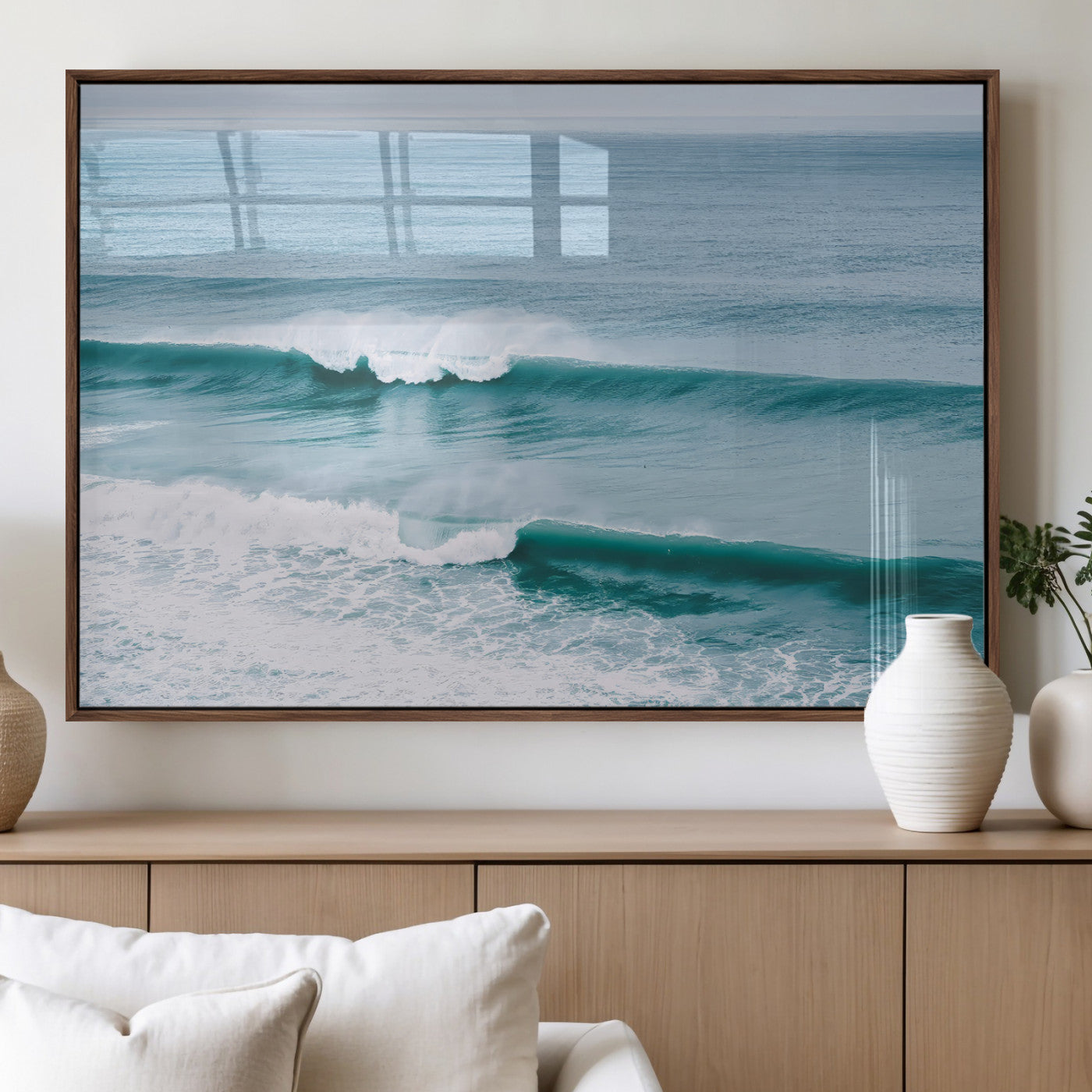 73692470-MGV-FP-36X24-3P_Walnut-Ocean Swell Wall Art Canvas Print – Framed Surf Waves Scene with Blue Water Artwork for Home, Office, Living Room