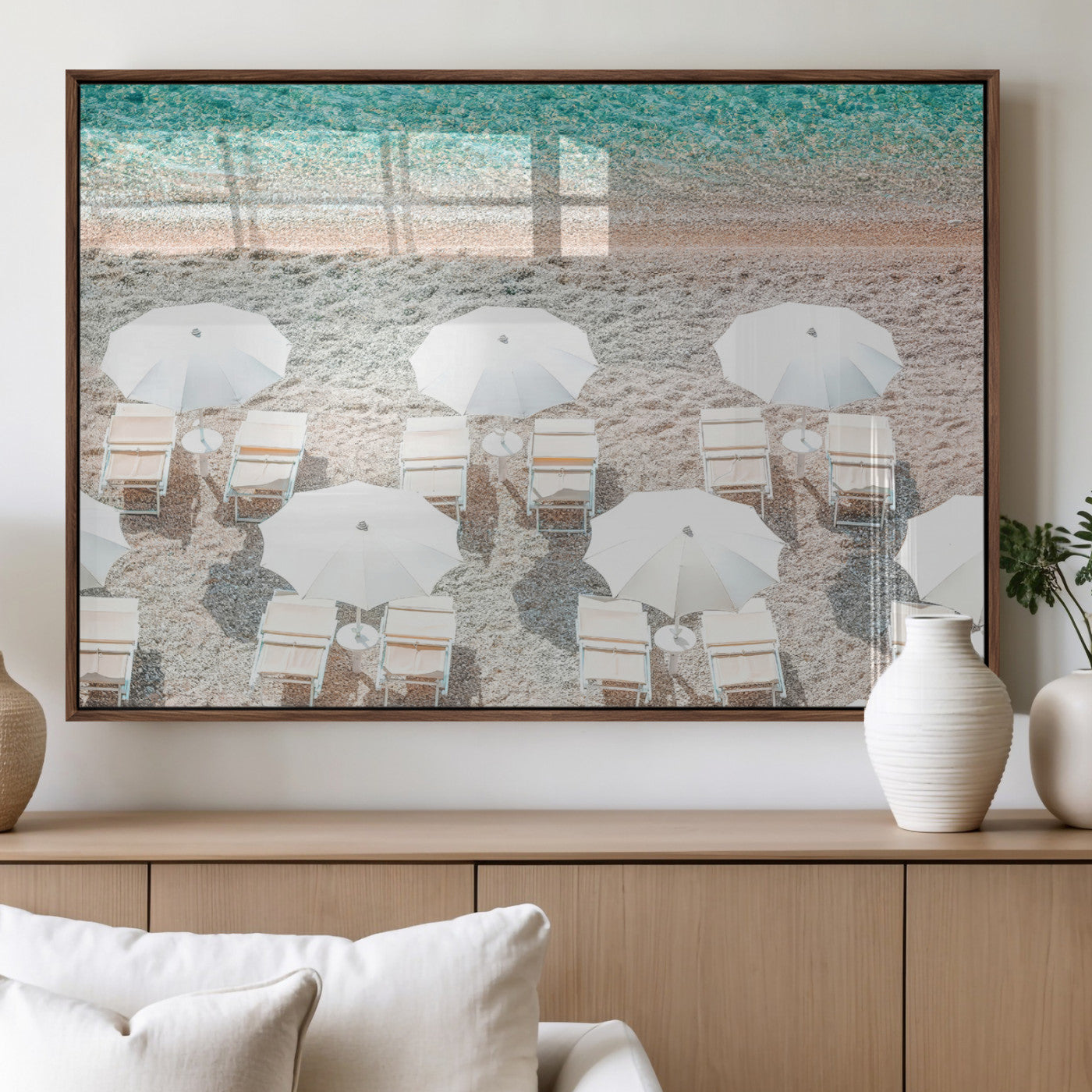 MGV-FP-36X24-3P - Calm Beach Wall Art Canvas Print, Framed Turquoise Water Art Picture Print, Umbrella Shoreline Perfect Coastal Minimalist Decor Artwork