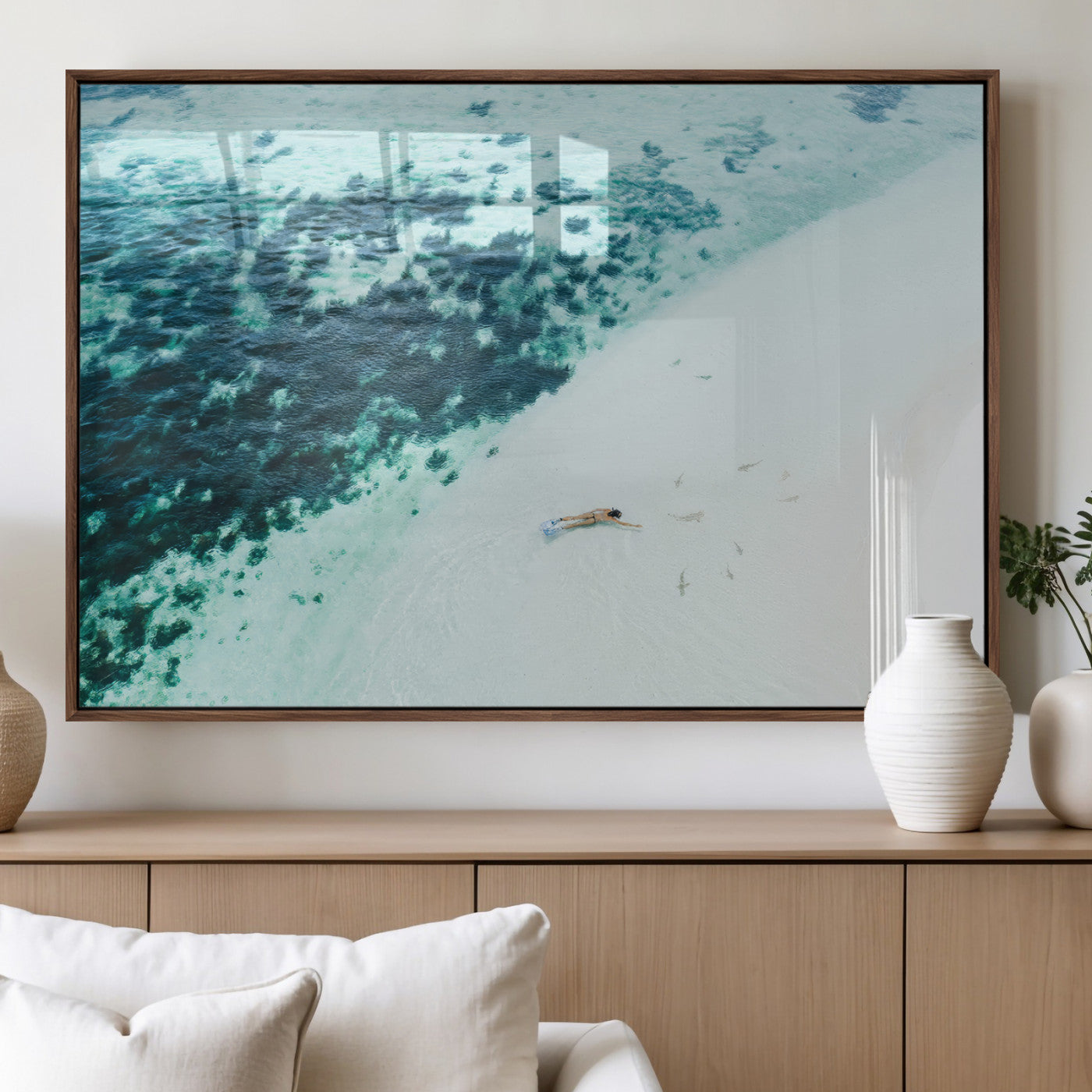 33764764-MGV-FP-36X24-3P_Walnut-Minimal Beach Wall Art – Framed Ocean Swimming Canvas Artwork, Clear Blue Sea Design, Modern Coastal Decor for Home, Office