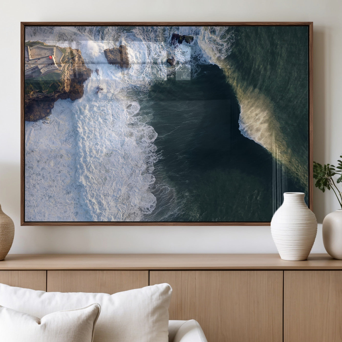 37405684-MGV-FP-36X24-3P_Walnut-Ocean Wave Wall Art – Aerial Coastal View Canvas Artwork, Powerful Sea Wave Design, Modern Beach Wall Decor for Home, Office