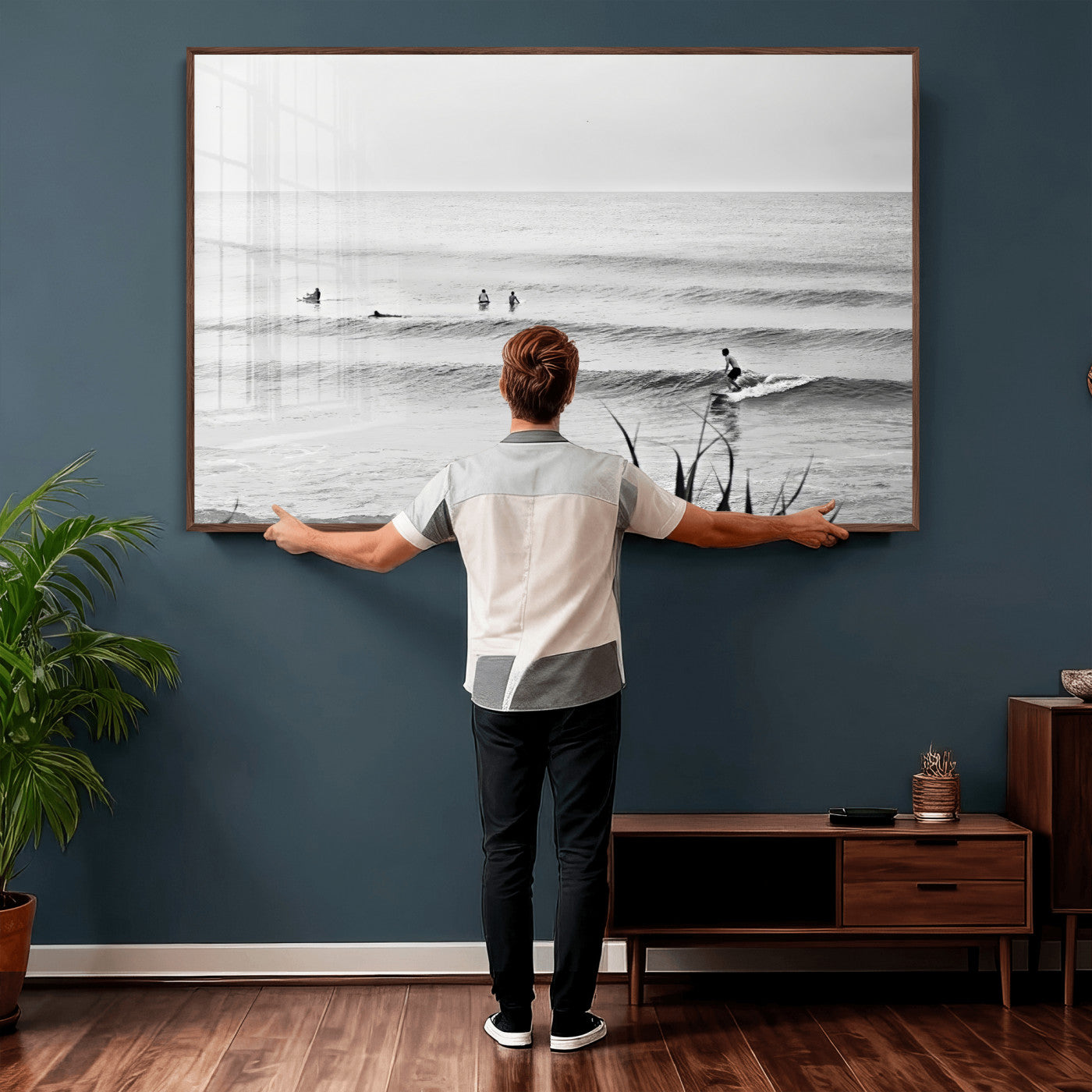 33821421-MGV-CV-36X24 - Surfer Silhouette Wall Art Canvas Print, Framed Calm Ocean Art Picture Print, Monochrome Surf Minimalist Coastal Decor Artwor