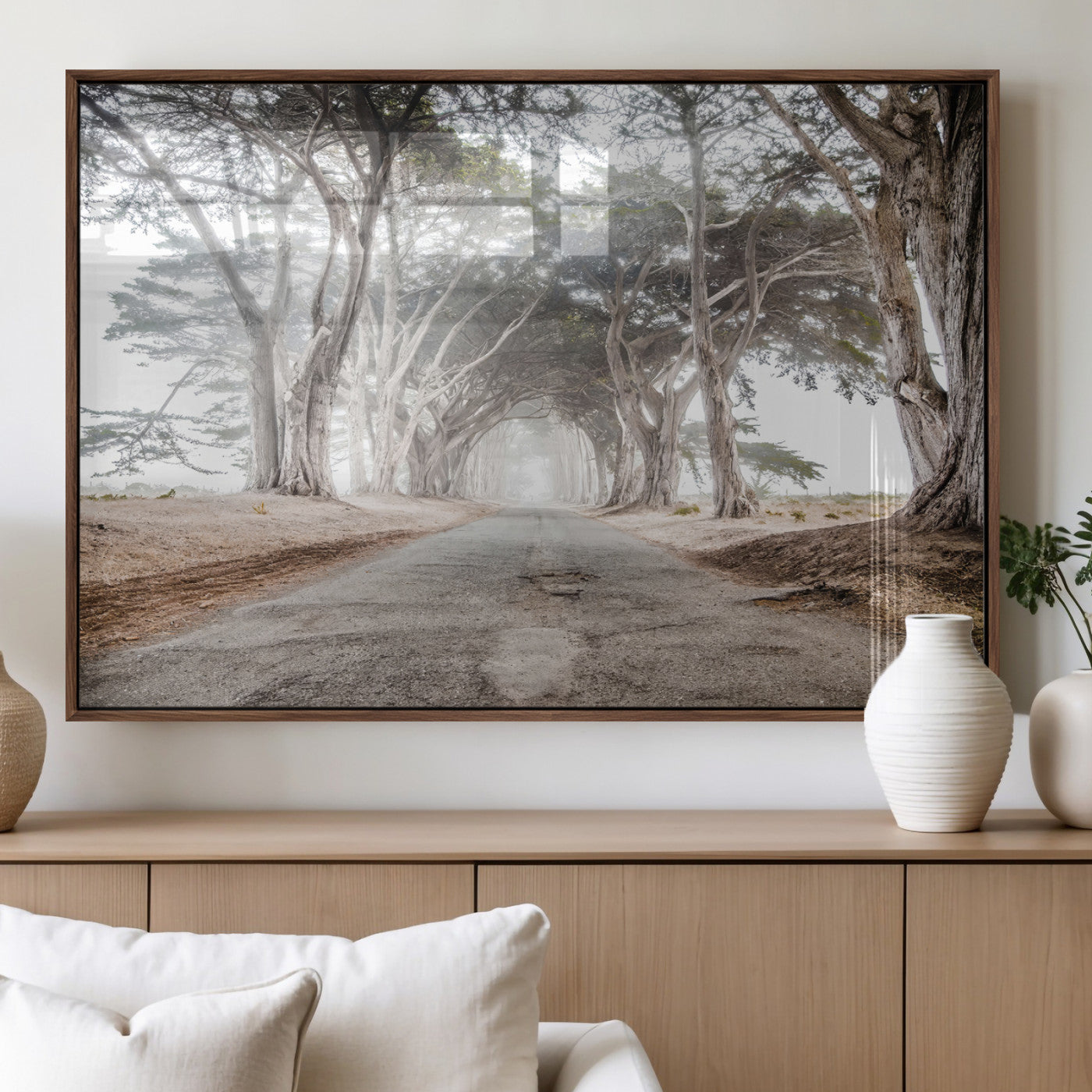 87090469-MGV-FP-36X24-3P_Walnut-Cypress Tunnel Wall Art – Framed Misty Road Canvas Artwork, Foggy Trees Design, Rustic Woodland Nature Decor for Home, Office