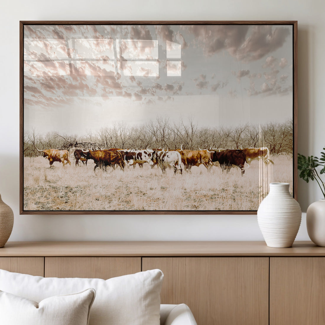 Longhorn Cattle Wall Art Canvas Print, Framed Texas Ranch Art, Western Cow Print, Prairie Landscape Decor