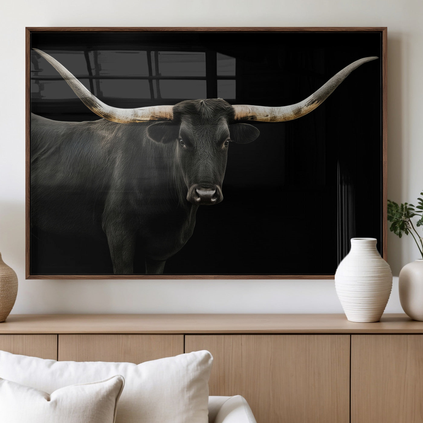 99448328-MGV-FP-36X24-3P_Walnut-Longhorn Cattle Wall Art Canvas Print – Framed Texas Ranch Scene with Western Cow Artwork for Home, Office, Living Room