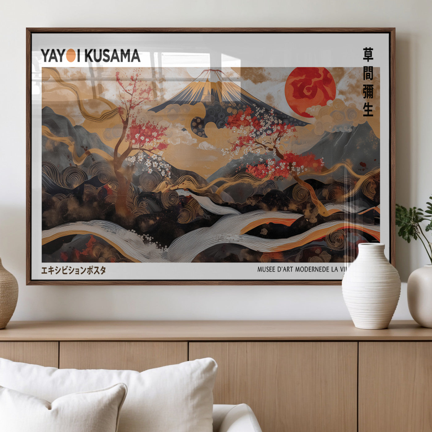 40959107-MGV-FP-36X24-3P_Walnut-Modern Japanese Wall Art Canvas Print – Framed Abstract Mount Fuji Scene Inspired Yayoi Kusama for Home, Office