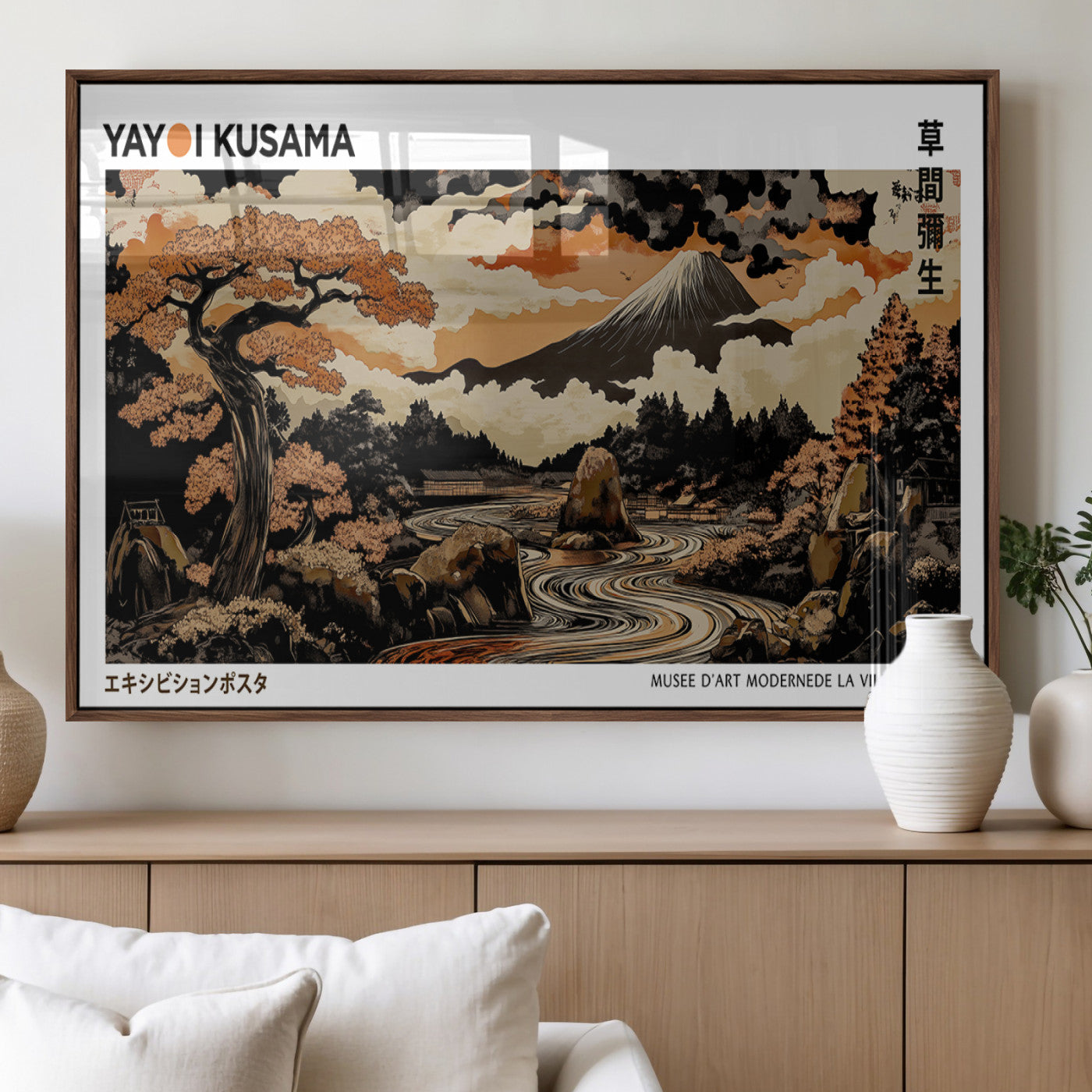 96372548-MGV-FP-36X24-3P_Walnut-Modern Japanese Wall Art Canvas Print – Framed Abstract Mount Fuji Scene with Yayoi Kusama Style Artwork for Home, Office