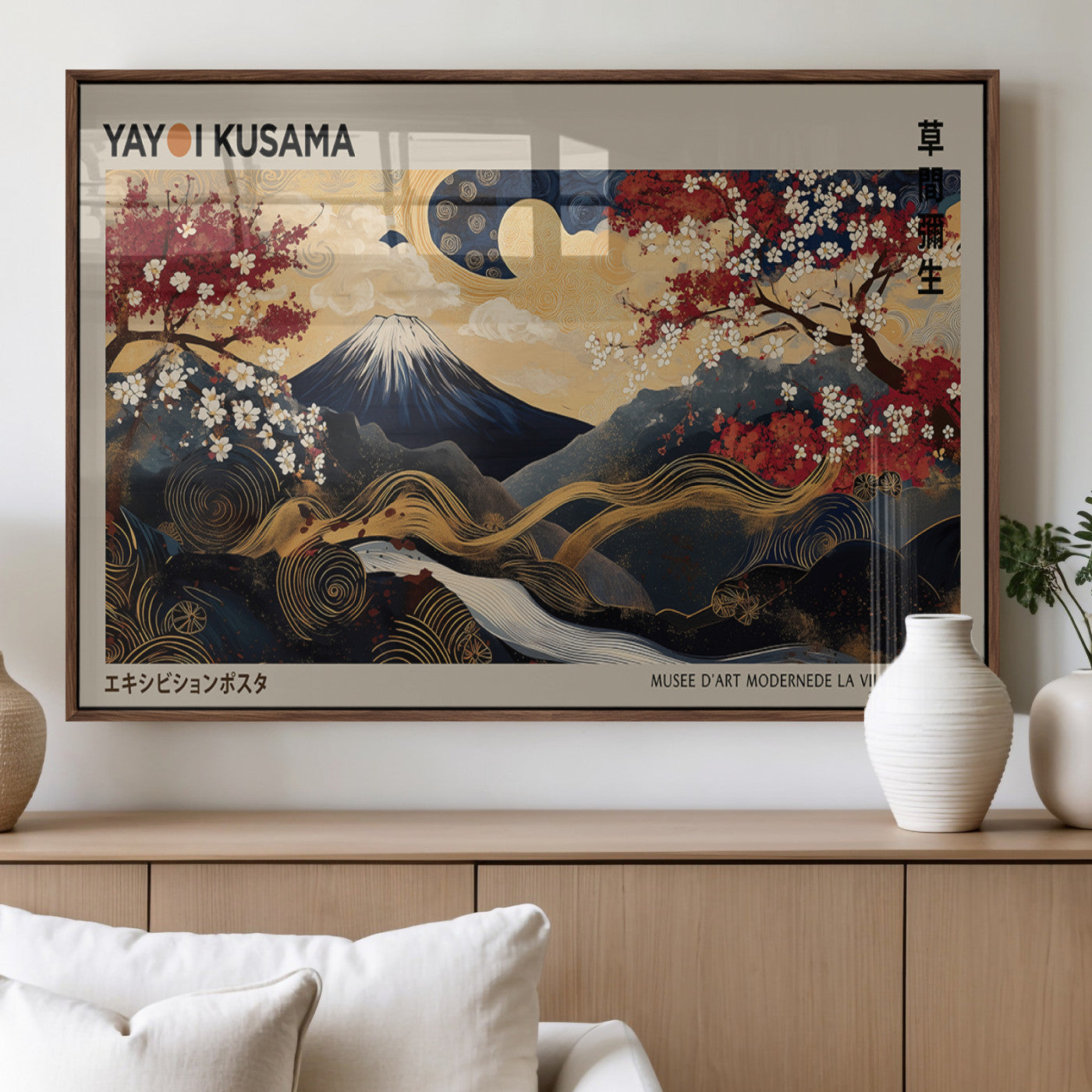 54967195-MGV-FP-36X24-3P_Walnut-Modern Japanese Wall Art Canvas Print – Framed Abstract Mount Fuji Scene with Yayoi Kusama Japanese Artwork for Home, Office