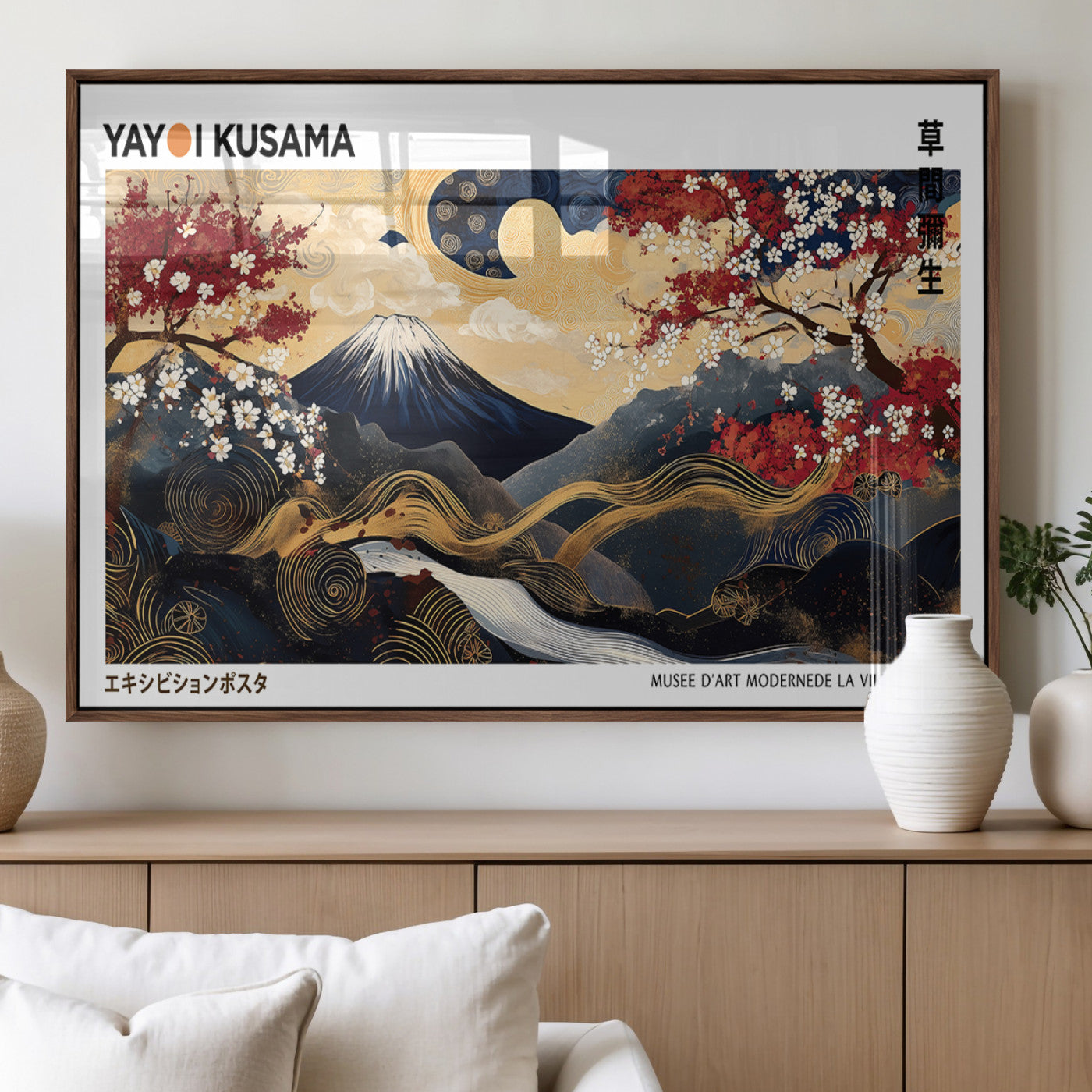 66243961-MGV-FP-36X24-3P_Walnut-Modern Mount Fuji Wall Art Canvas Print – Framed Abstract Mount Fuji Scene with Yayoi Kusama Artwork for Home, Office