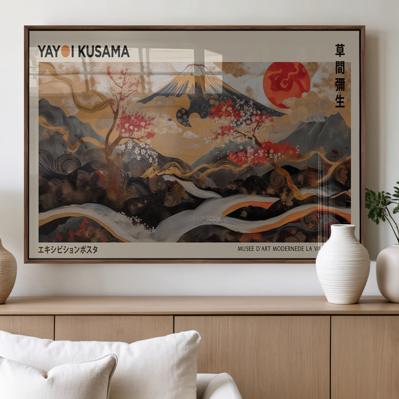 77970791-MGV-FP-36X24-3P_Walnut-Modern Japanese Wall Art Canvas Print – Framed Abstract Mount Fuji Scene with Yayoi Kusama Artwork for Home, Office