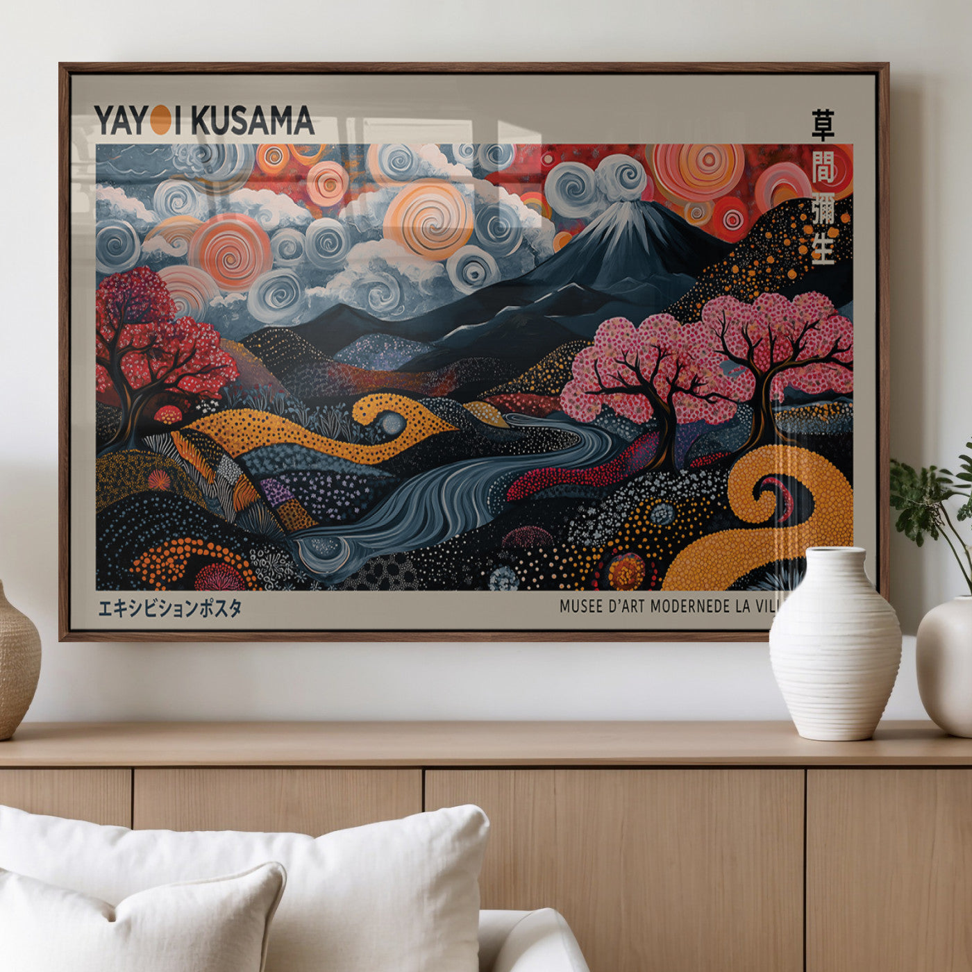 89598235-MGV-FP-36X24-3P_Walnut-Modern Japanese Wall Art Canvas Print – Framed Contemporary Yayoi Kusama Artwork for Home, Office, Living Room