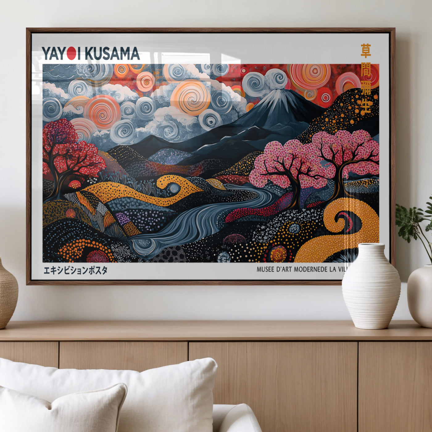43879290-MGV-FP-36X24-3P_Walnut-Modern Japanese Wall Art Canvas Print – Framed Abstract Mount Fuji Scene with Yayoi Kusama Artwork for Home, Office
