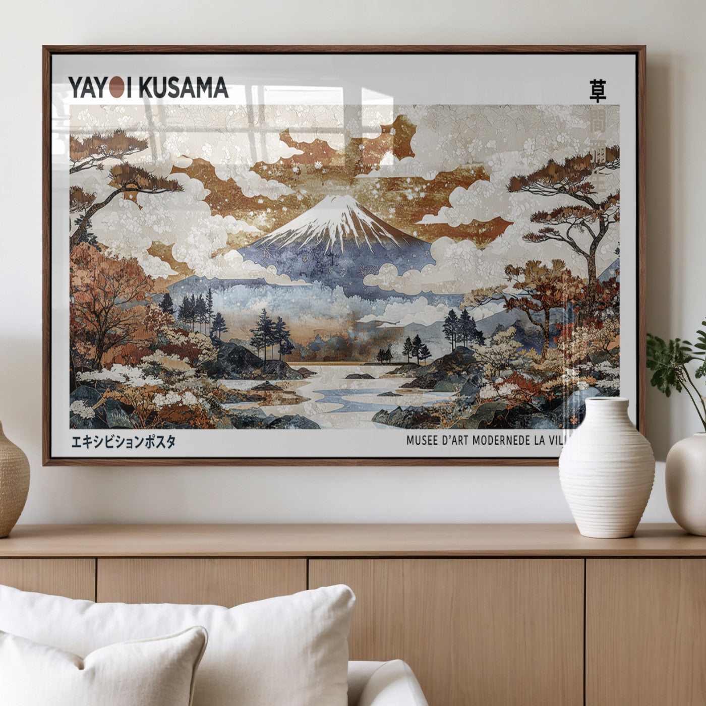 80111817-MGV-FP-36X24-3P_Walnut-Modern Japanese Wall Art Canvas Print – Framed Abstract Mount Fuji Scene with Yayoi Kusama Artwork for Home, Office