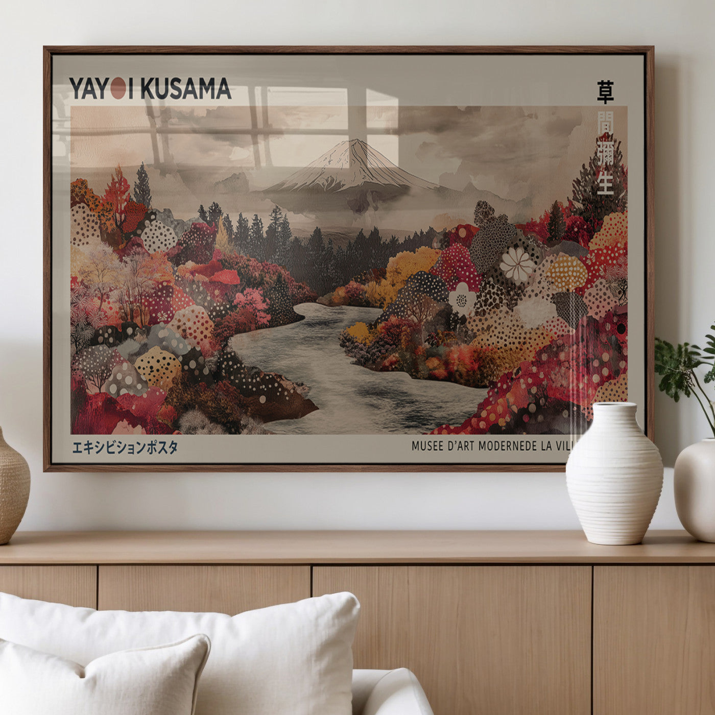 90660838-MGV-FP-36X24-3P_Walnut-Modern Japanese Wall Art Canvas Print – Framed Abstract Mount Fuji Scene with Yayoi Kusama Artwork for Home, Office