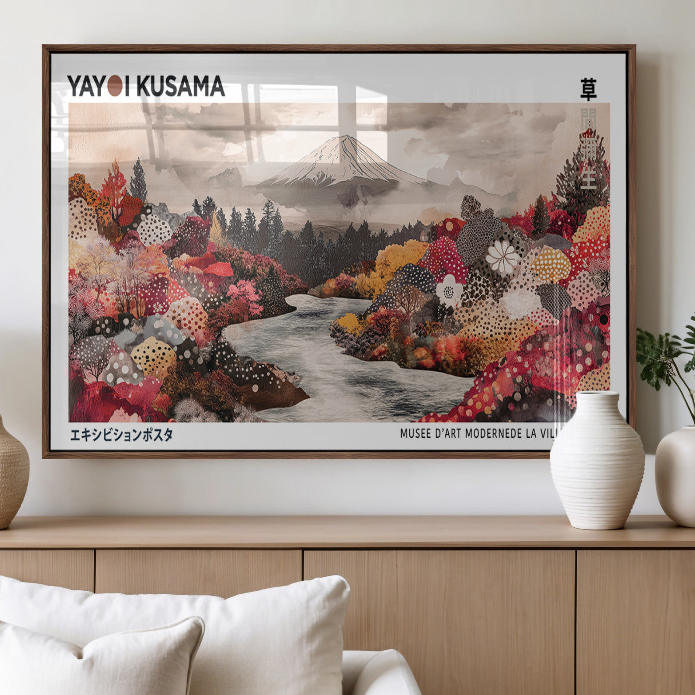 32352074-MGV-FP-36X24-3P_Walnut-Modern Japanese Wall Art Canvas Print – Framed Abstract Mount Fuji Scene with Yayoi Kusama Artwork for Home, Office