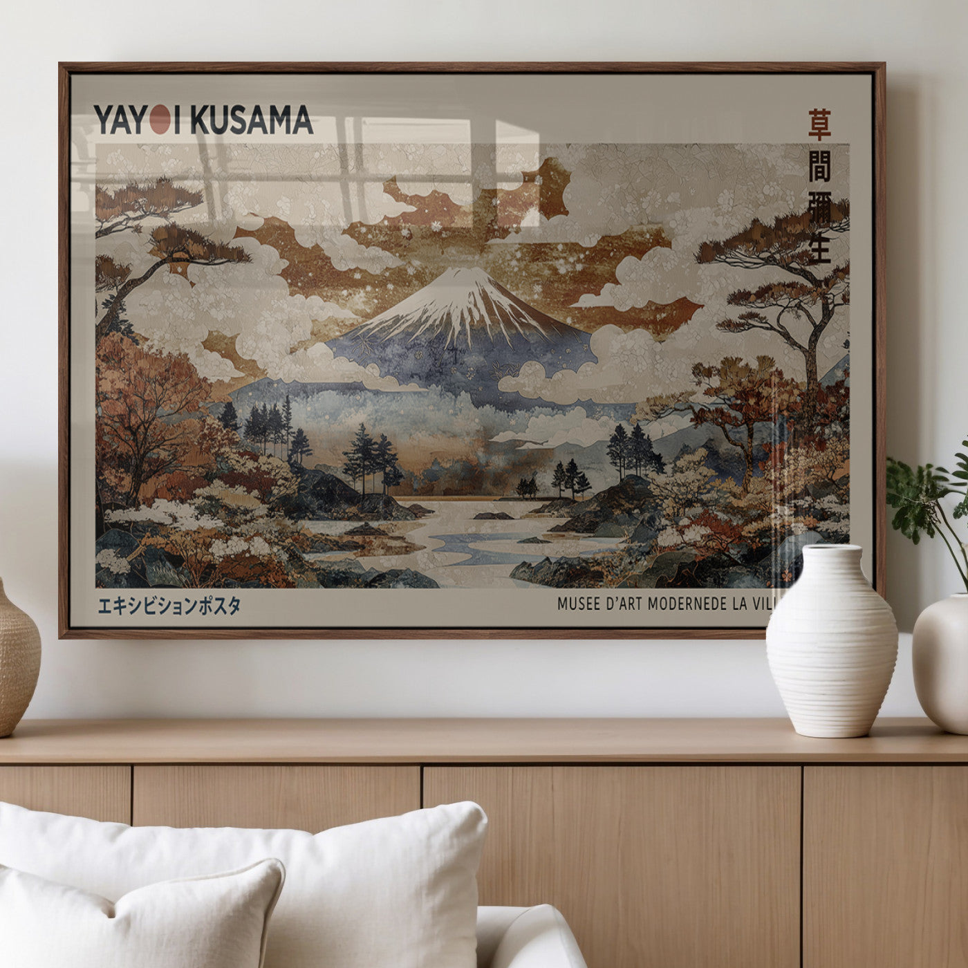 11778299-MGV-FP-36X24-3P_Walnut-Yayoi Kusama Wall Art Canvas Print – Framed Modern Japanese Abstract Mount Fuji Artwork for Home, Office, Living Room
