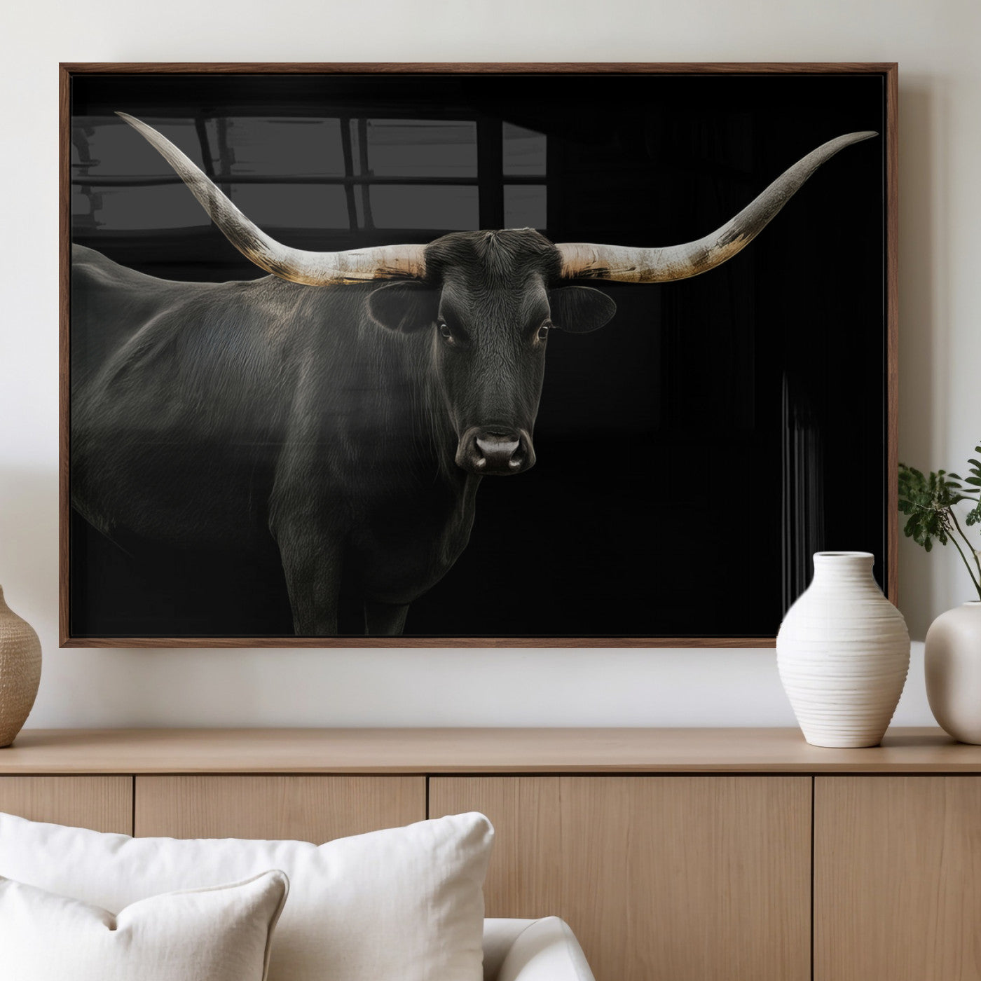 23572907-MGV-FP-36X24-3P_Walnut-Texas Longhorn Wall Art Canvas Print – Framed Rustic Western Farmhouse Animal Modern Minimal Artwork for Home Office