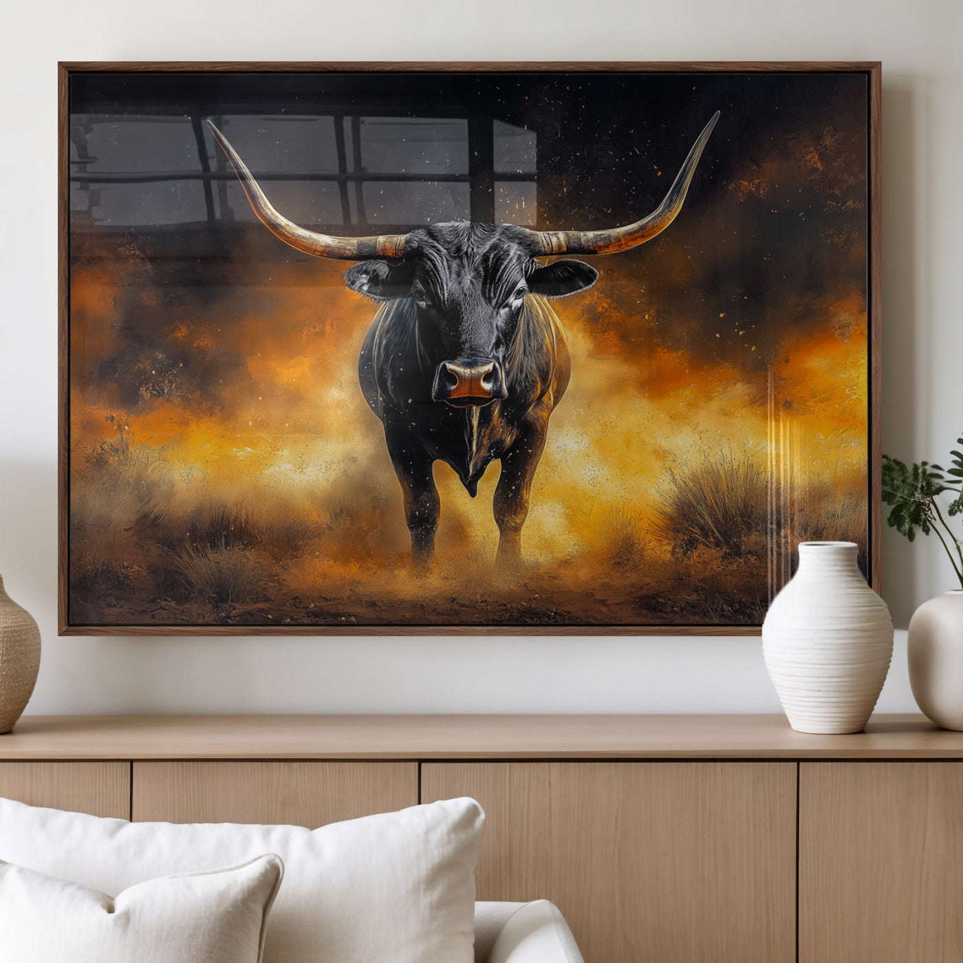 58293979-MGV-FP-36X24-3P_Walnut-Longhorn Canvas Wall Art Canvas Print – Framed Bold Bull Western Animal Dramatic Ranch Artwork for Home Office