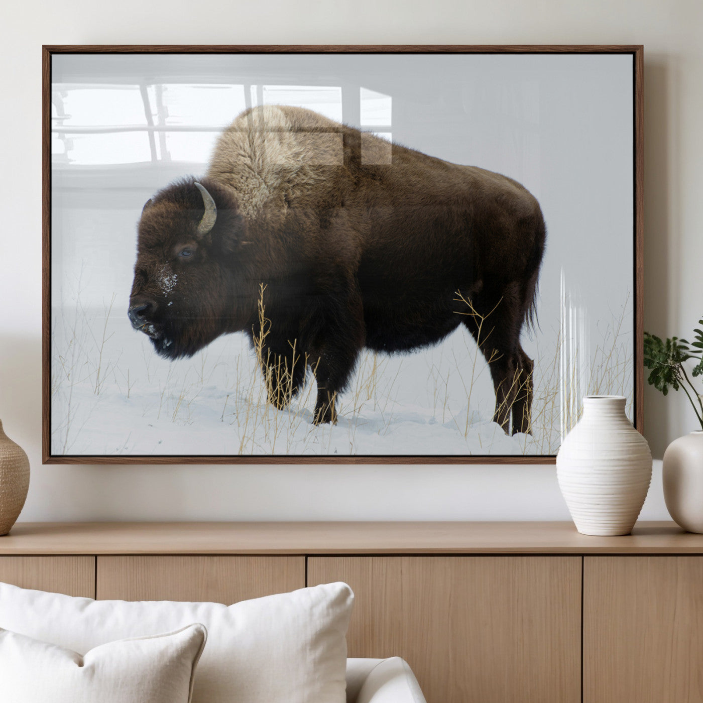 76778120-MGV-FP-36X24-3P_Walnut-Bison Wall Art Canvas Print – Framed Western Wildlife Buffalo Snow Rustic Nature Scene Artwork for Home Office