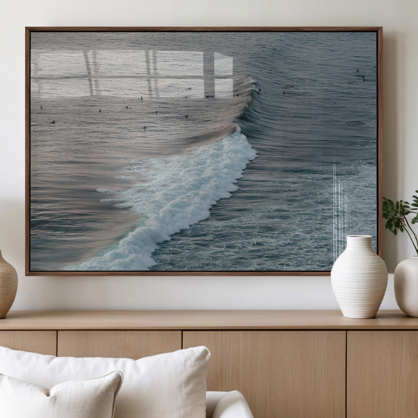 23077324-MGV-FP-36X24-3P_Walnut-Ocean Waves Wall Art Canvas Print – Framed Coastal Serenity Surf Nature Scene Artwork for Home Office