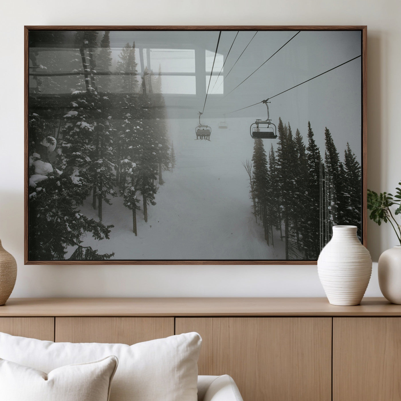 87018452-MGV-FP-36X24-3P_Walnut-Ski Lift Wall Art Canvas Print – Snowy Pines Misty Landscape Winter Serenity Artwork for Home, Office Decor