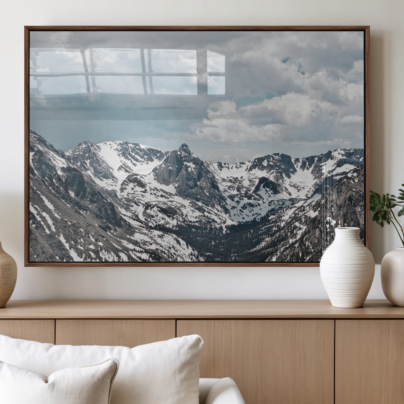 94074619-MGV-FP-36X24-3P_Walnut-Snowy Peaks Wall Art Canvas Print – Alpine Wilderness Mountain Escape Winter Serenity Artwork for Home, Office